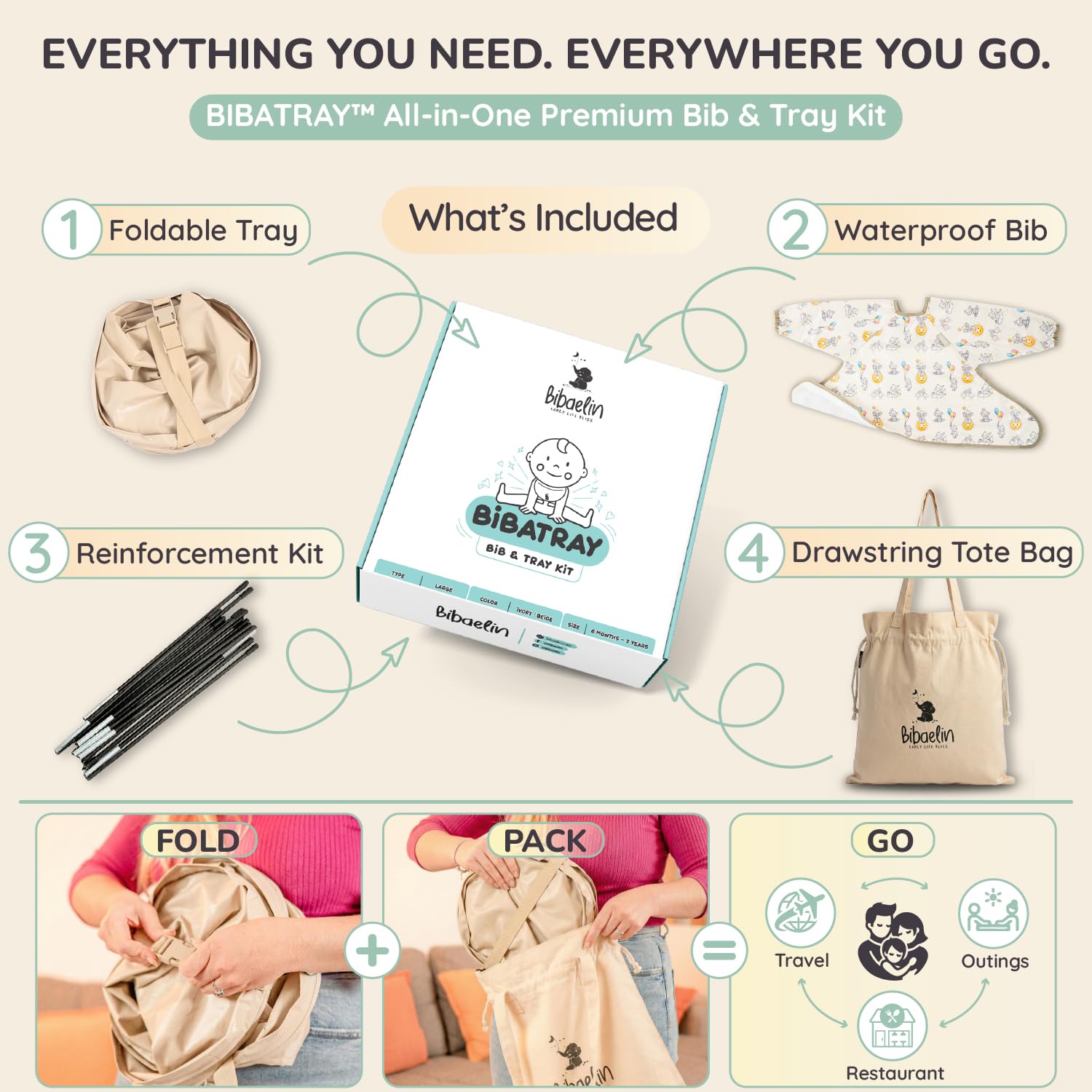 BibaTray L - Kit de comida para bebé (DME) con babero impermeable + bandeja flexible patentada y estabilizadora | Compatible con sillas altas | Sin BPA, diseño francés, fácil limpieza | 6
