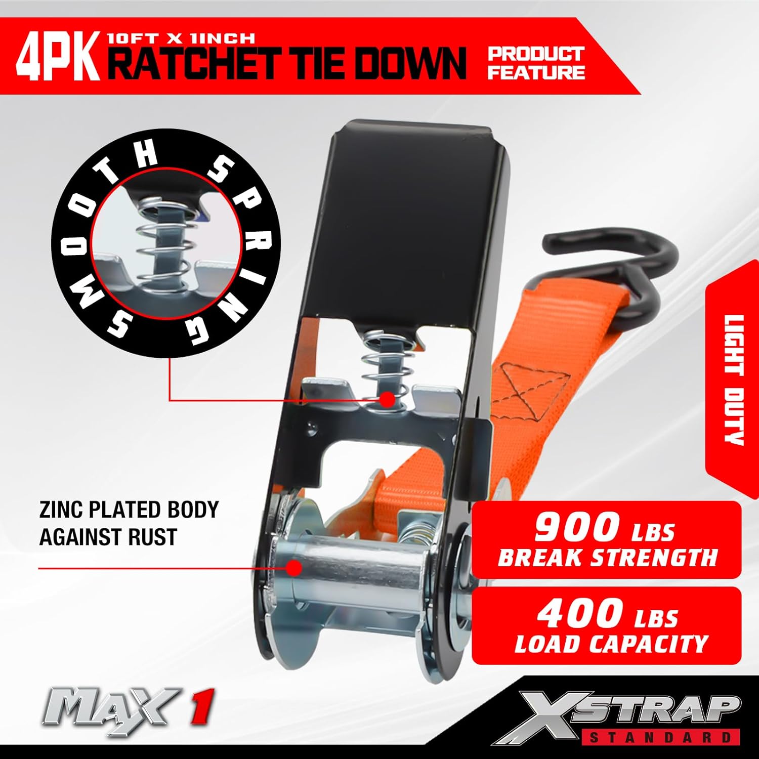 XSTRAP STANDARD Ratchet Tie Down Straps 4 Pk 10 Ft- 300 Lbs Load Cap- 900 Lbs Break Strength-Cargo Straps for UTV, ATV, Pickup,Truck, Moving Appliances, Lawn Equipment, Orange - Image 3