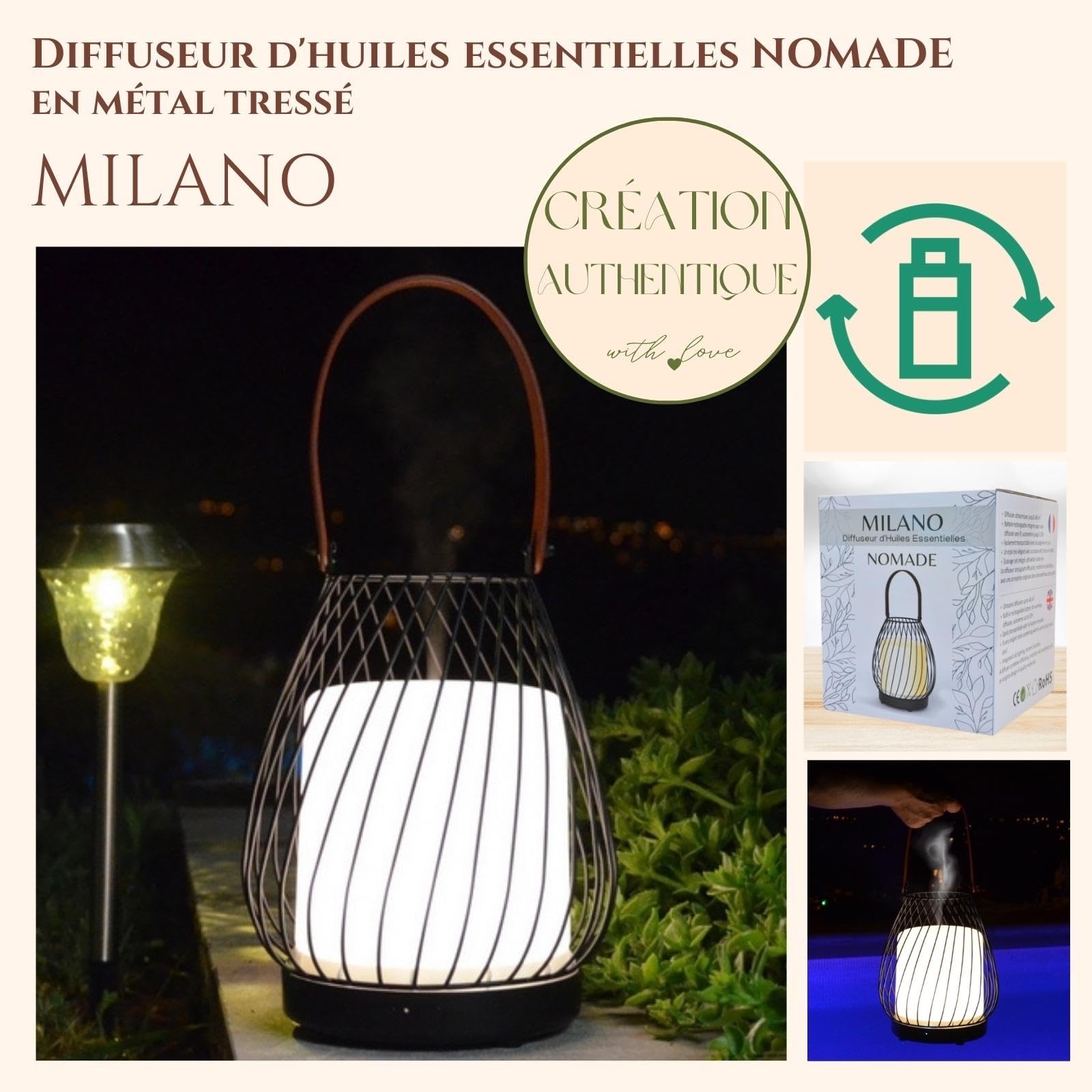 Zen'Aroma - Difusor ultrasónico inalámbrico Milano, batería Recargable integrada de 20 Horas, difusor de Aceite Esencial nómada, difusión Continua o por alternancia, 3 Modos de iluminación LED Blanco