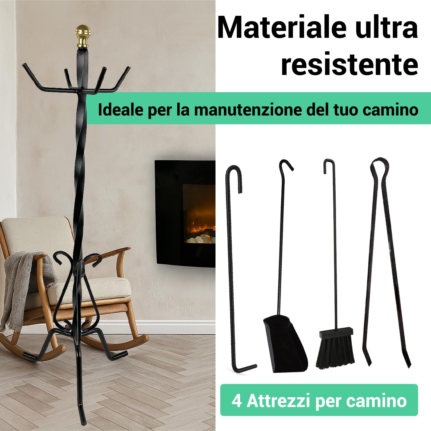 Crisalide® – Set Attrezzi per Camino in Ferro Battuto | 4 Accessori (Scopa, Paletta, Pinza, Attizzatoio) con Supporto da Pavimento | Design Classico Nero Opaco | Altezza 58 cm