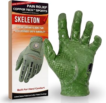 Copper Tech Skeleton Golf Gloves Men Right Handed Golfer or Left Handed Golfer 2nd Gen | Copper Compression Joint Support with Tacky Grip | Flexible & Comfortable Fit with Premium Leather