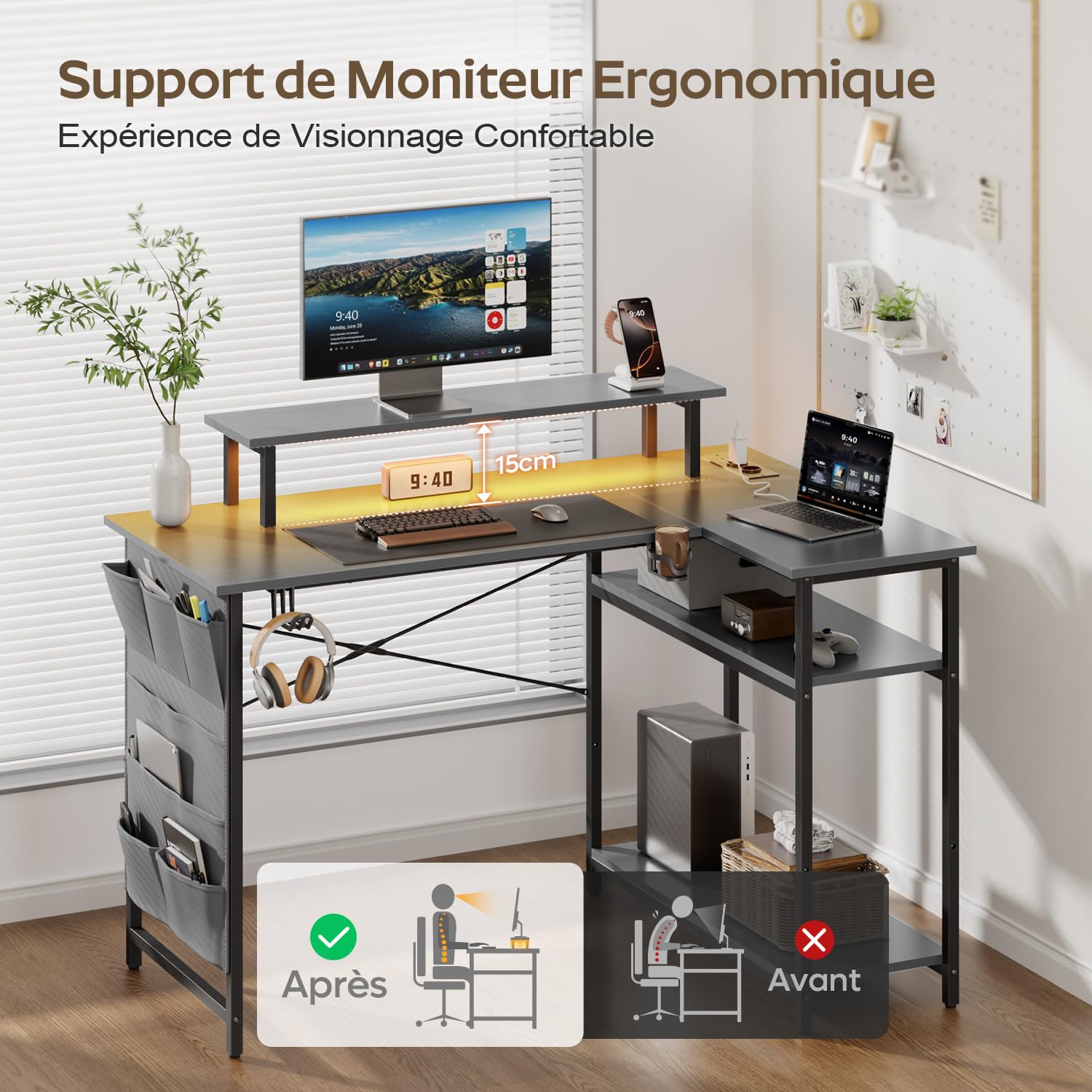 SOLAVERO Bureau Gaming en L LED, 110 x 80 cm, avec Rangement, Gris