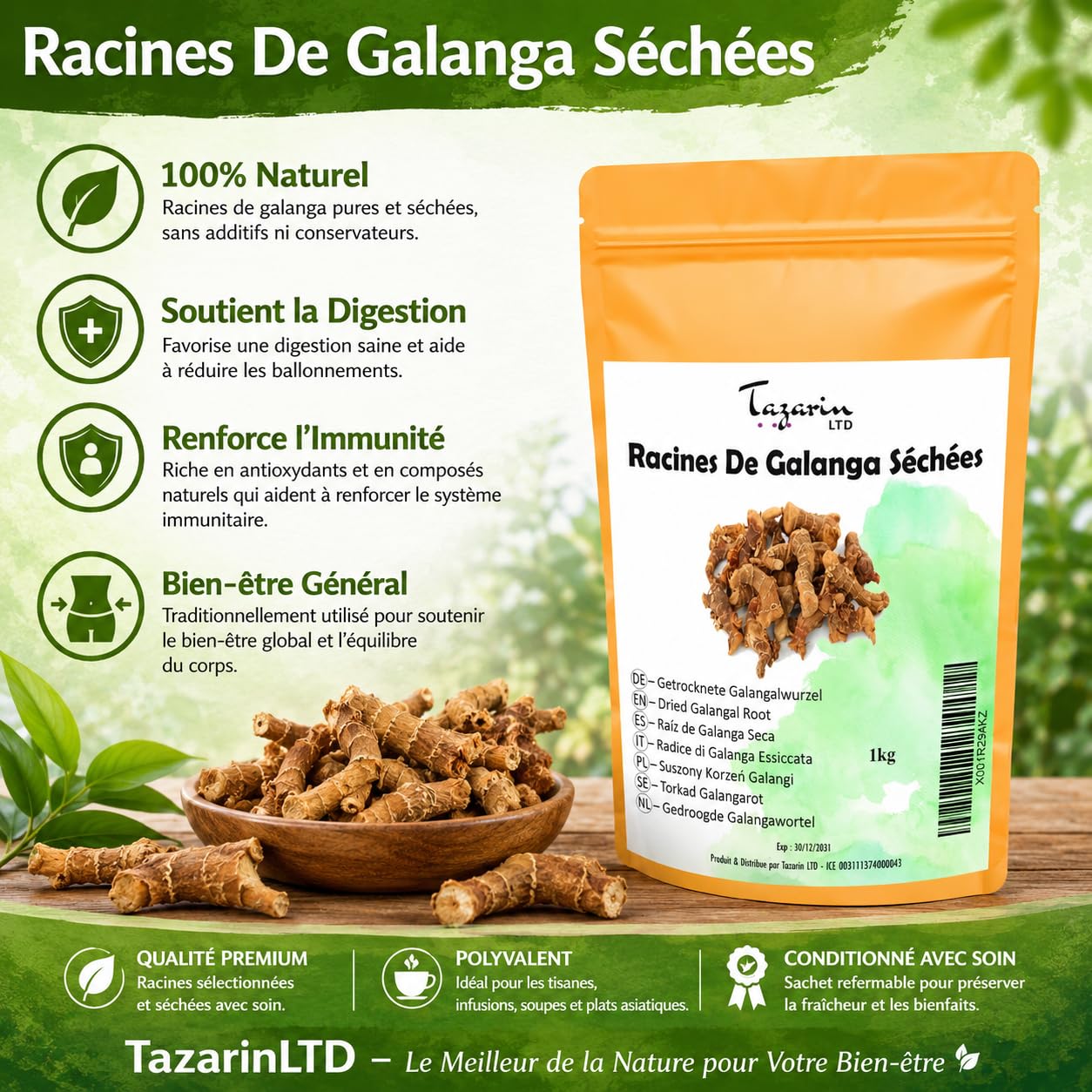 1kg Galangal Root Spice Dried Organic - Galgantwurzel, Galangal Hildegard Von Bingen – alpinia officinarum |100% Natürlich, Rein und Ohne Zusatzstoffe | TazarinLtd
