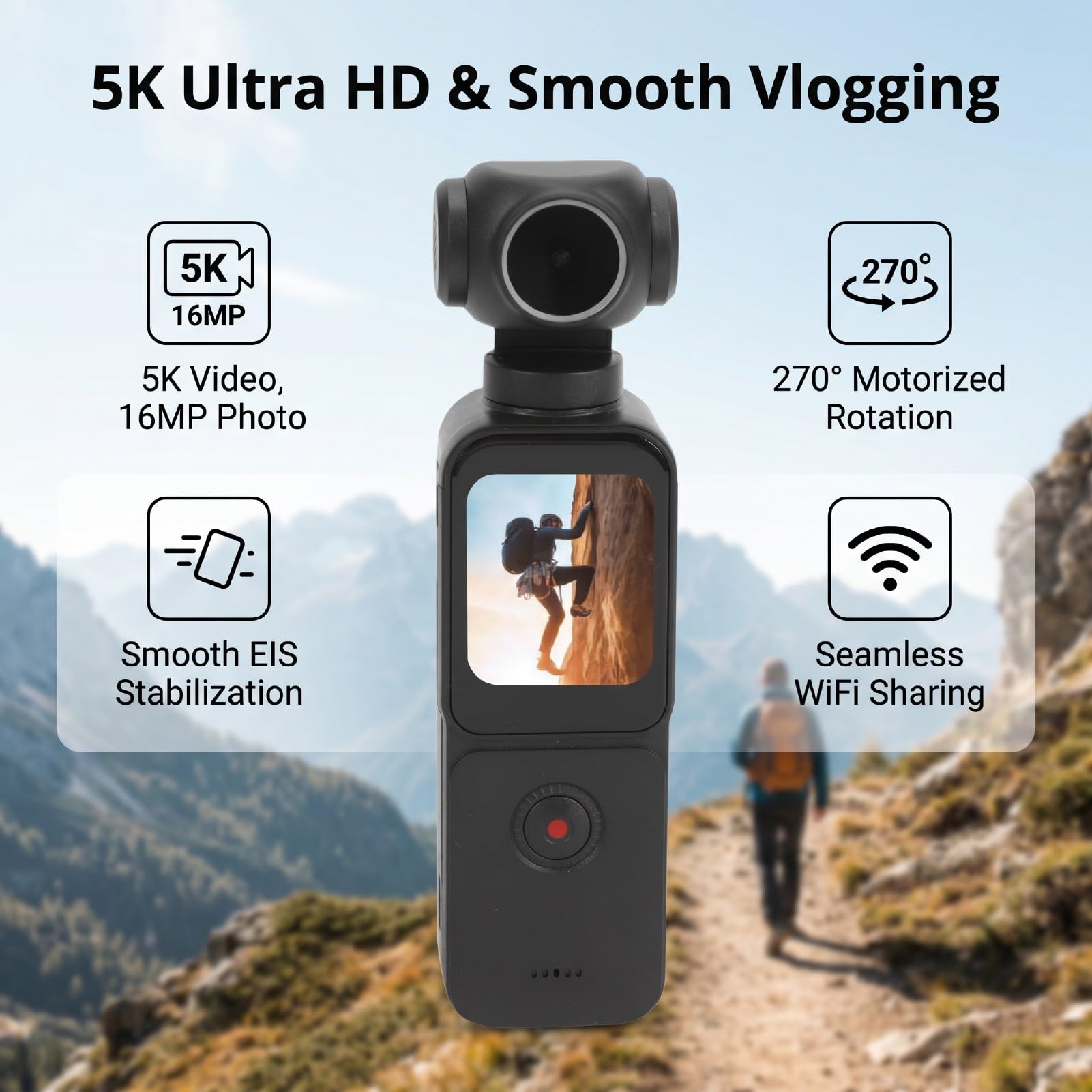 Cámara de Mano, Cámara de Vídeo HD 5K 16MP con Rotación de 270 Grados WiFi EIS Pantalla Táctil de 1,69 Pulgadas para Vlogging de Viajes y Creación de Contenido