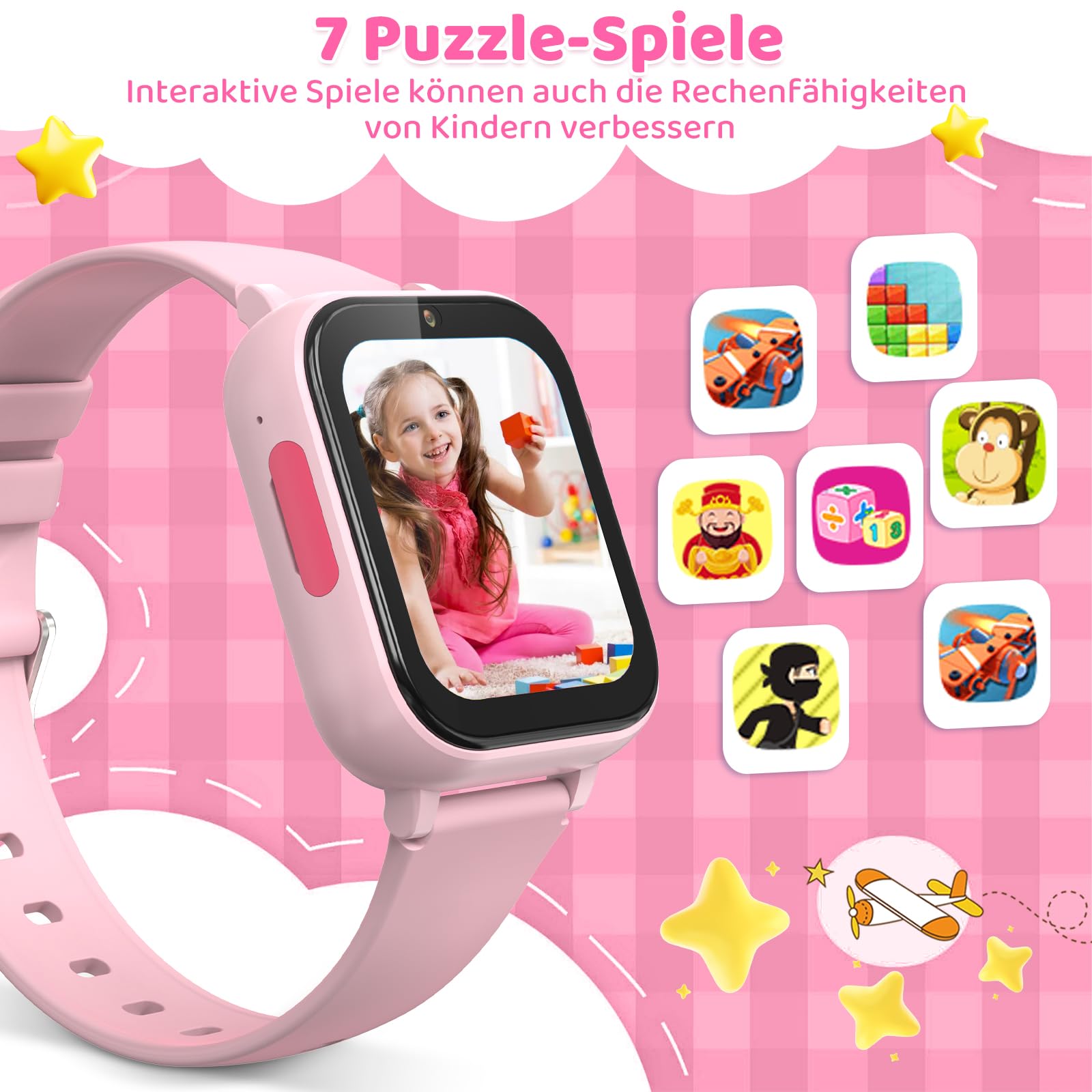 4G Reloj inteligente para niños con función de llamada de voz, reloj de teléfono, reloj para niños con cámara de fotos juegos despertador pantalla táctil función llamada impermeable IPX7, rosa