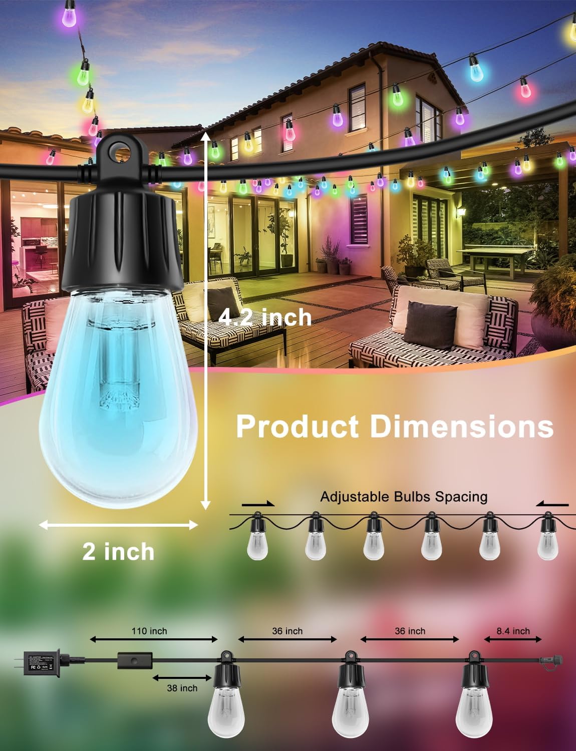 Outdoor String Lights, 50ft Smart RGB IC Warm White Patio Lights Outdoor Waterproof with Remote & App Control, Compatible with Alexa Great for Deck, Gazebo, Balcony 3 71DhkosfbrL. AC SL1500