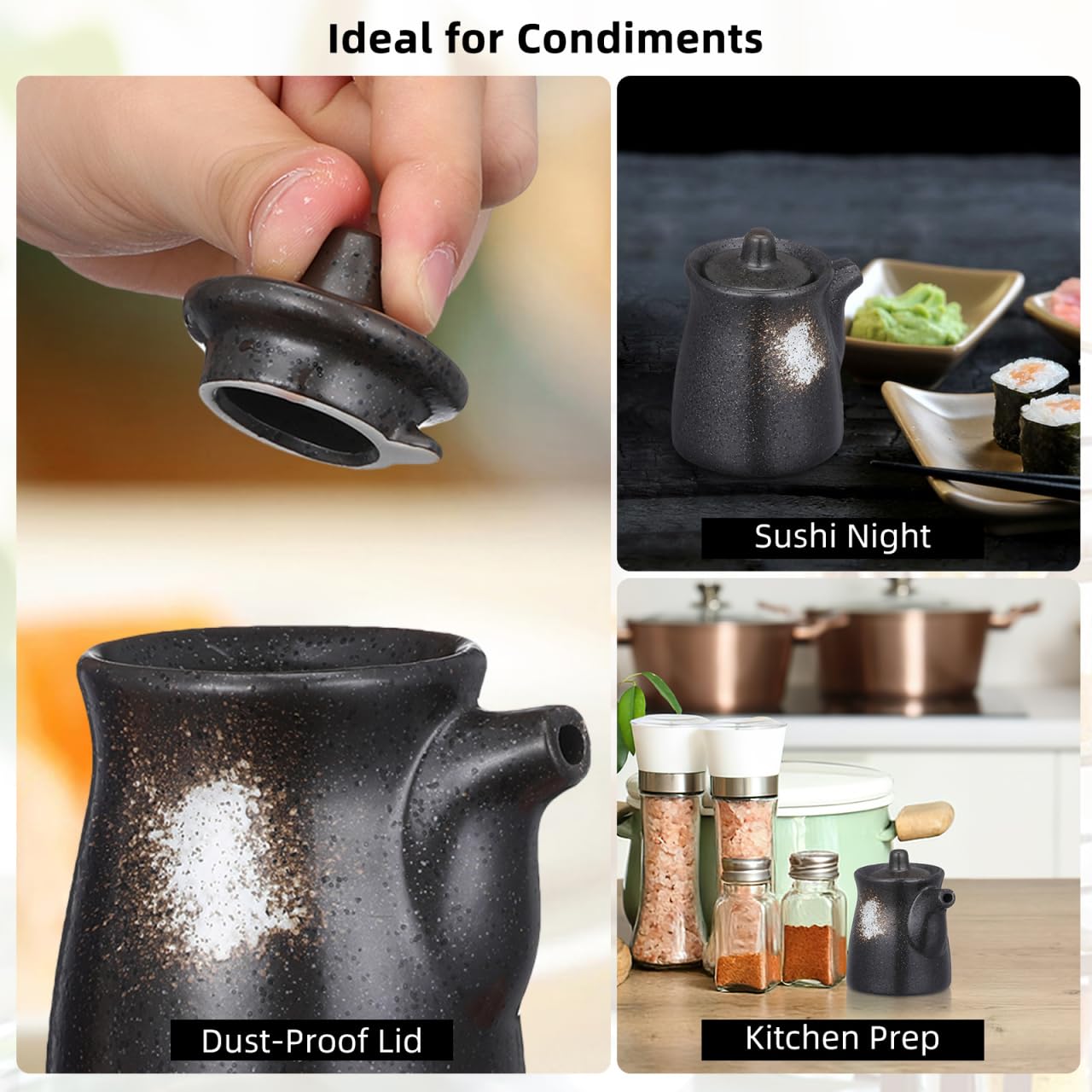 Yardwe Set di 2 dispenser per salse di soia in ceramica, 200 ml, stile giapponese, olio e aceto, nero, per casa e ristorante