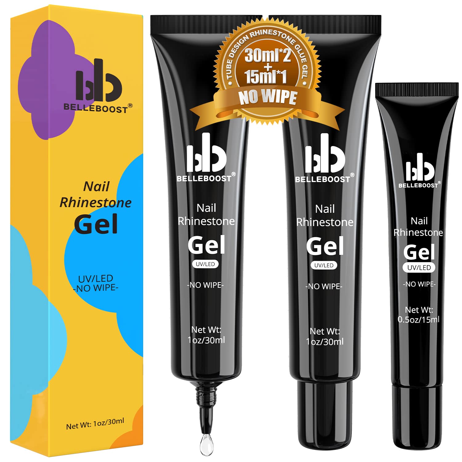 BELLEBOOST 2 PCS 30ml+1 PC 15ml NO Wipe Nail Rhinestone Glue Gel Super Strong Adhesive Nail Art Gem Stone Diamond Jewelry Crystals Beads Charms Gel for Professional and Home Use(UV/LED Needed)