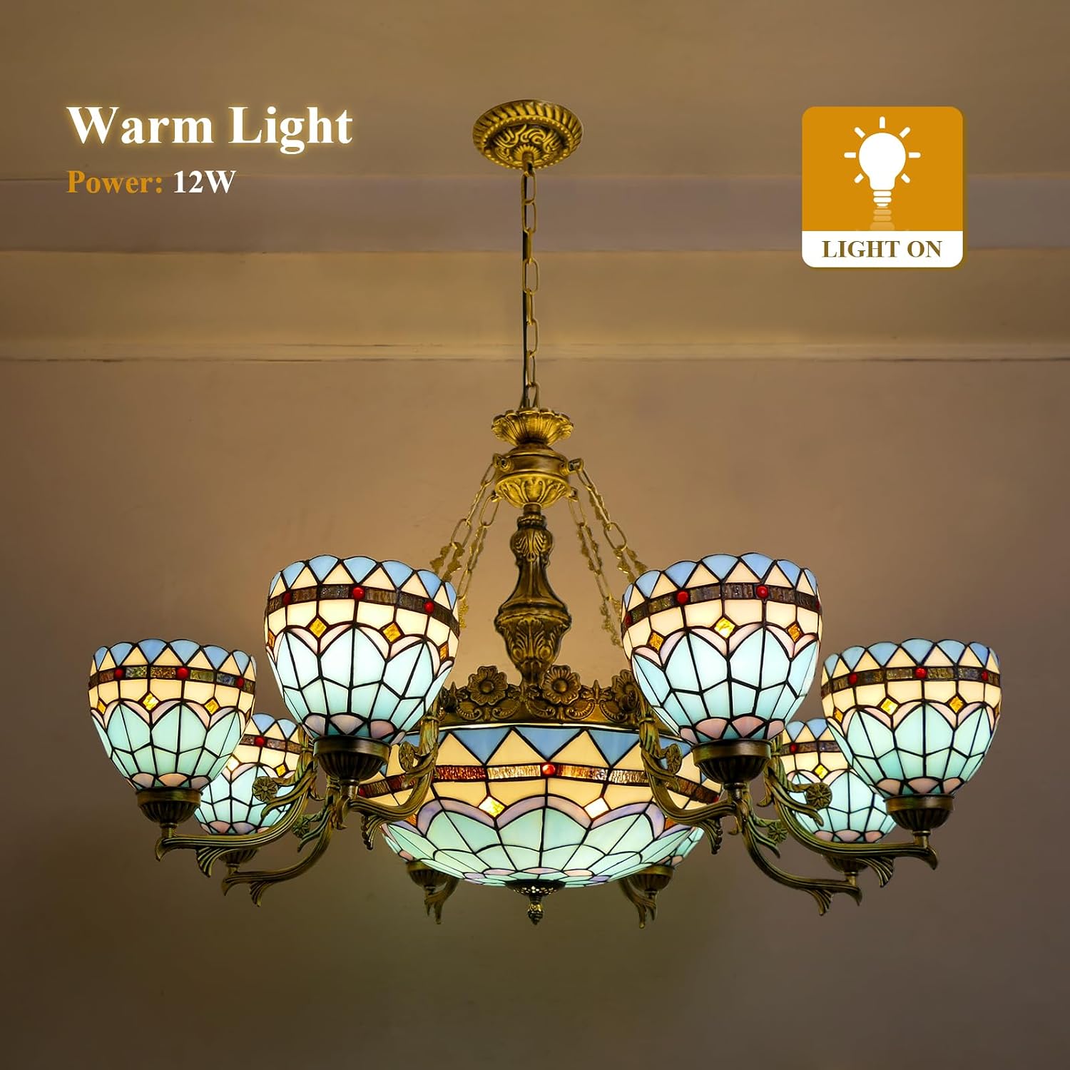 Blue Tiffany Style Chandelier 8+1 Lights Tiffany Pendant Light Stained Glass Chandelier 37" Width Chandelier Light for Dining Room Living Room Ceiling Hanging Light Fixtures with Bulbs