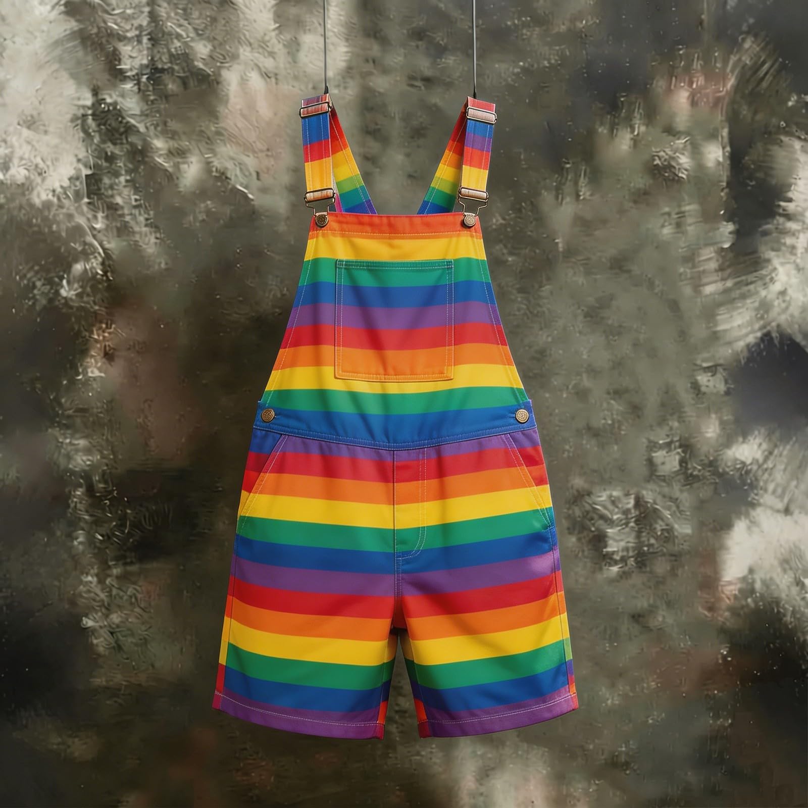 Salopette courte pour homme, vêtements arc-en-ciel, multicolore, imprimé arc-en-ciel, jambe droite, pantalon de travail avec poches, fête, carnaval, costume hippie, streetwear, salopette