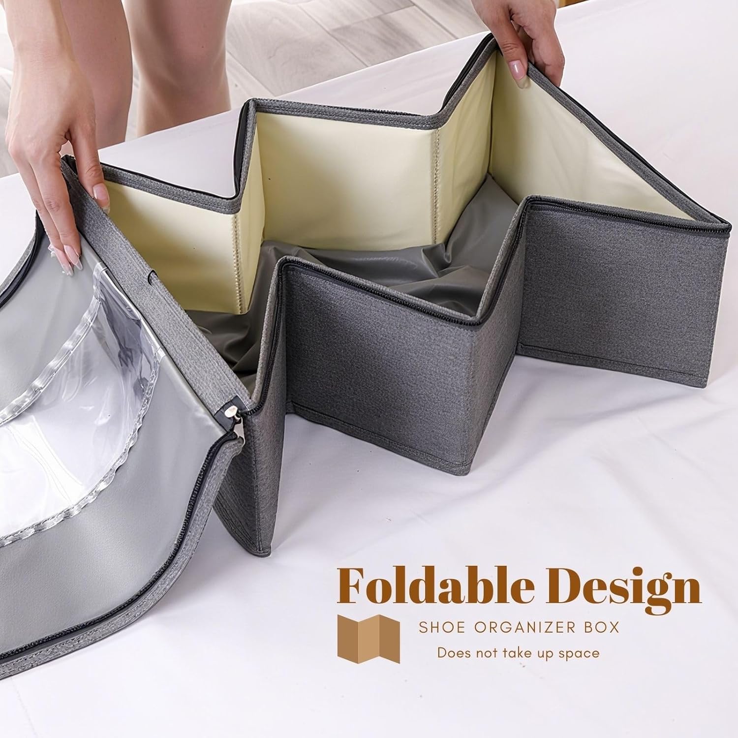 Shoe Organizers for Closet, Fits 6 Pairs Each, Shoe Storage Bins, 23.6x13x5.5in Shoes Box Fabric Containers with Handles and Clear Cover, for Bedroom, Entryway, Closet(Gray,2 pack)