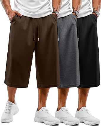 August Alley 3 Pack Mens Wide Leg Capri Pants | Wide Leg Capri Pants, Below Knee 3/4 Shorts, Drawstring Cropped Pants, Pocket Casual Pants, Loose Fit Summer Wear