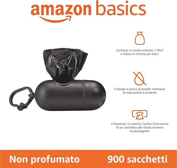 Amazon Basics Dog Poop Leak Proof Bags with Dispenser and Leash Clip, Unscented, 13" x 9", 900 Count (60 Rolls) - 2