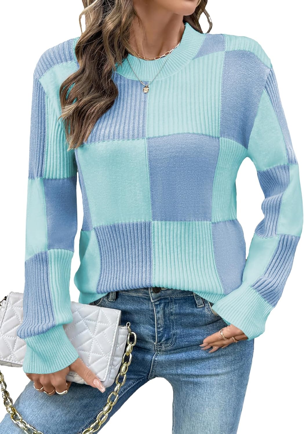 EVALESS Sweaters for Women Crewneck Long Sleeve Color Block Casual Knit Tops 2025 Fall Fashion Checkered Pullover Sweater