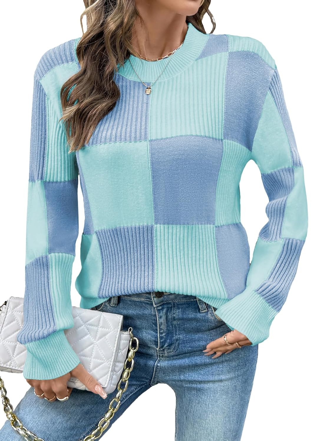 EVALESS Sweaters for Women Crewneck Long Sleeve Color Block Casual Knit Tops 2025 Fall Fashion Checkered Pullover Sweater