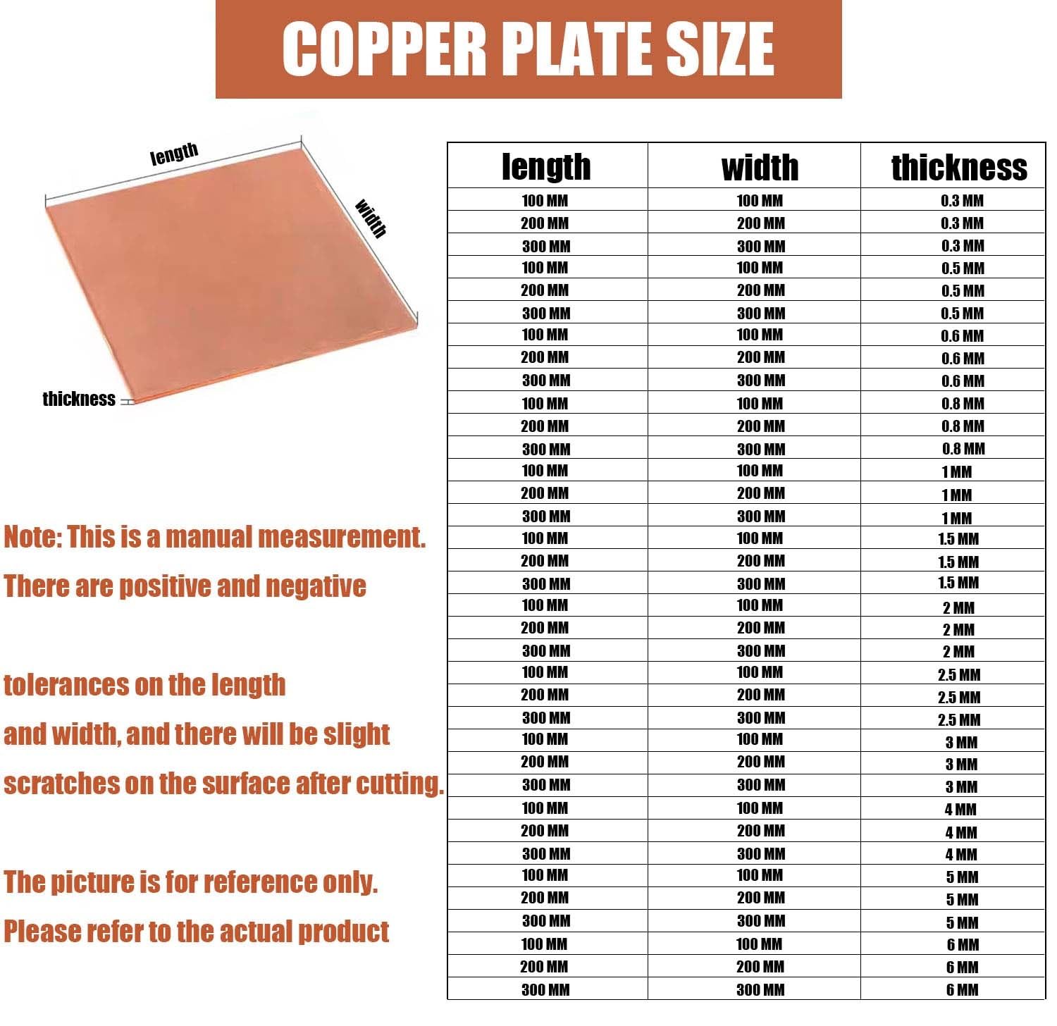 1 paquete de lámina de metal de cobre puro (Cu), 99,9% de cobre puro, 100-300 mm de grosor, 0,3, 0,5, 0,6, 0,8, 1, 2, 3, 4, 5, 6 mm, ideal for manualidades y proyectos domésticos.(300mmx300mmx0.8mm)