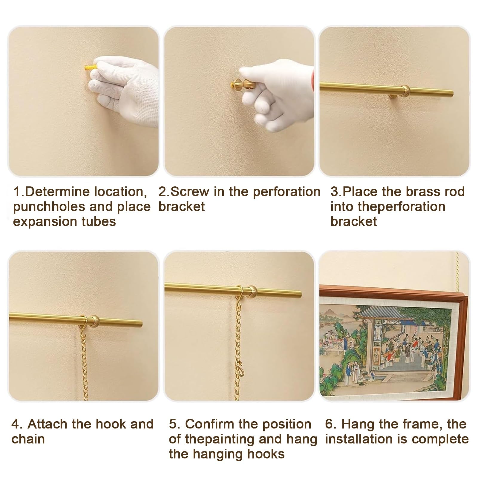 Goldene Galerieschiene im Vintage Stil, Robustes Metall Wandaufhängungsset mit Verstellbaren Haken und Ketten for Kunstgalerien, Heimdekoration und Fotopräsentation(90cm/35in)