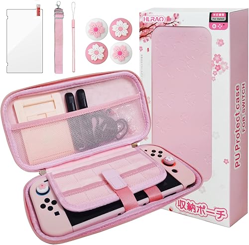 HLRAO Bolsa rosa compatible con Nintendo Switch carcasa dura Sakura bolsa de almacenamiento portátil sólida a prueba de golpes con protector de