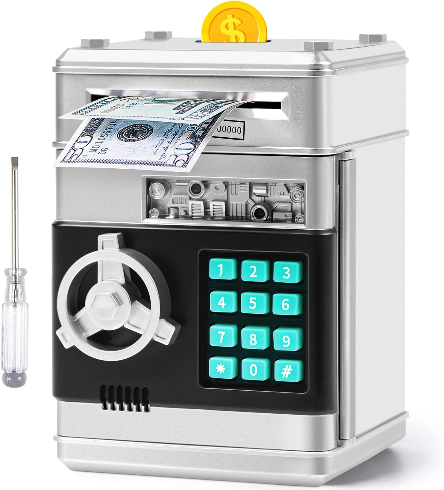 Piggy Bank for Boys Girls, Vcertcpl ATM Coin Bank Money Saving Box with Password, Kids Safe Money Jar with Auto Grab Bill Slot, Birthday Gifts Toys Bank for 6 7 8 9 10 11 12 Year Old Girls Boys