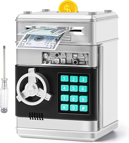 Vcertcpl - Alcancía de cajero automático para niños y niñas, caja de ahorro de dinero con contraseña, tarro de dinero seguro para niños con ranura