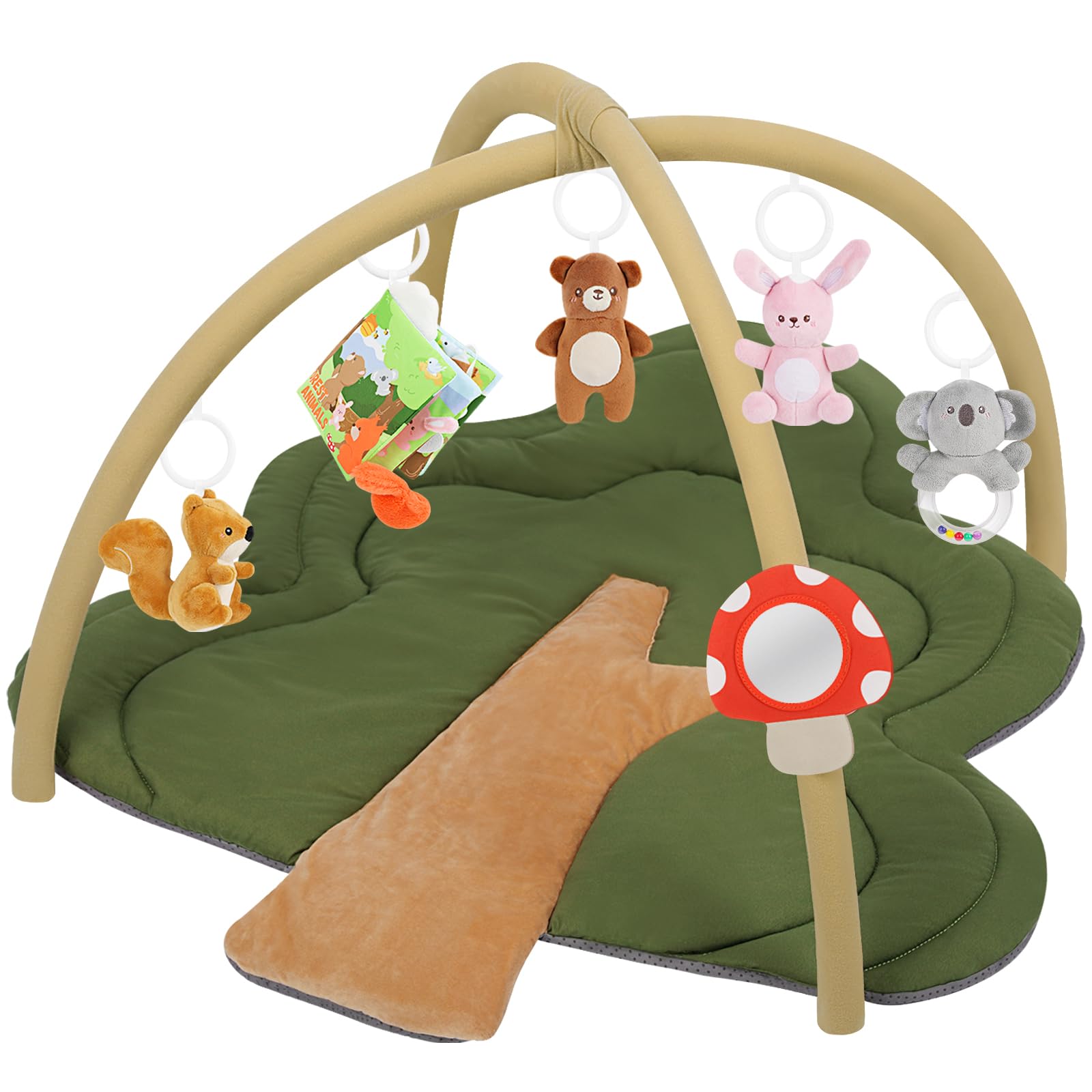 Baby Play Gym Mat, Tree-Shaped Tummy Time Mat with 6 Detachable Toys, Woodland Thick & Plush Play Mat for Babies 0-6 Months, Baby Activity Mat, Newborn Infant Baby Essentials Gift