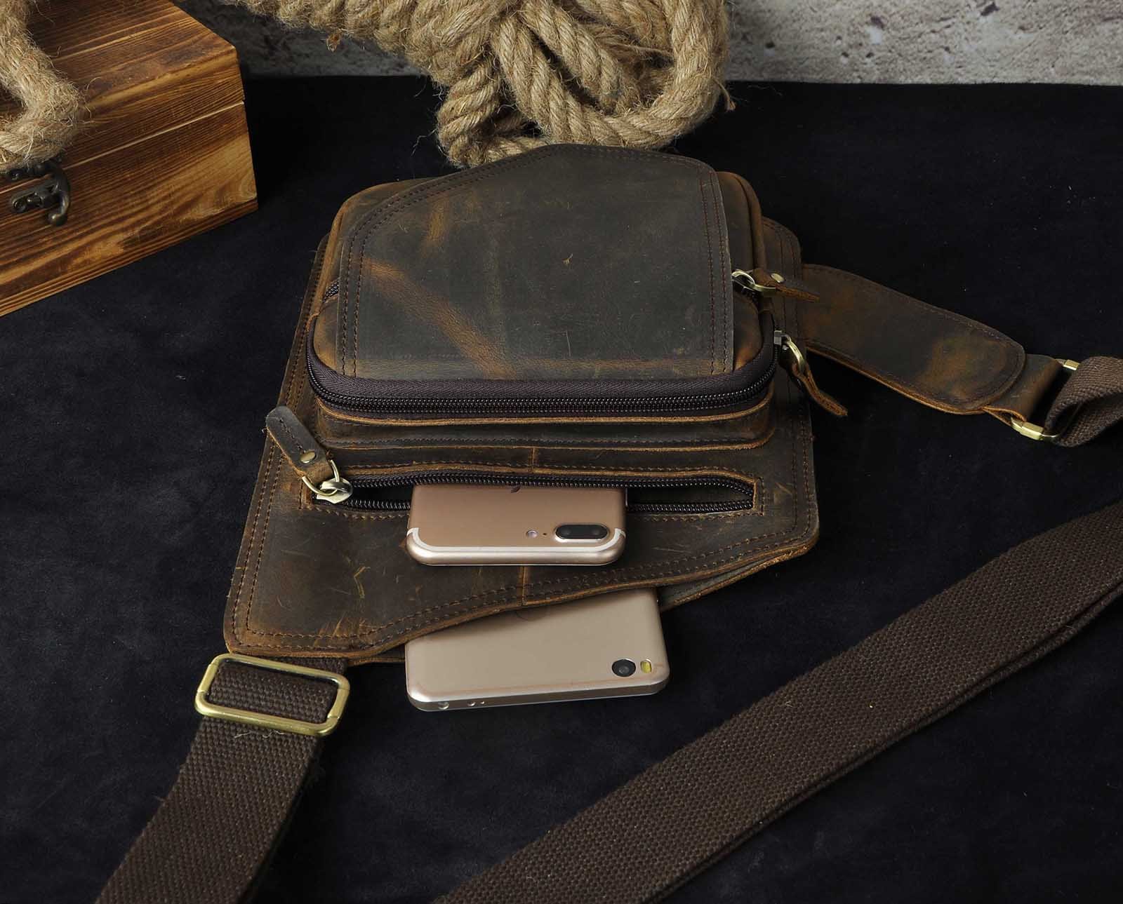 Le’aokuu Herren Echtes Leder Brusttasche Crossbody Bag Sling Bag Schultertasche Gurteltasche Umhängetasche Rucksack Brustbeutel Für Outdoor Sport Reisen B214 (B214 Dunke Braun 2)