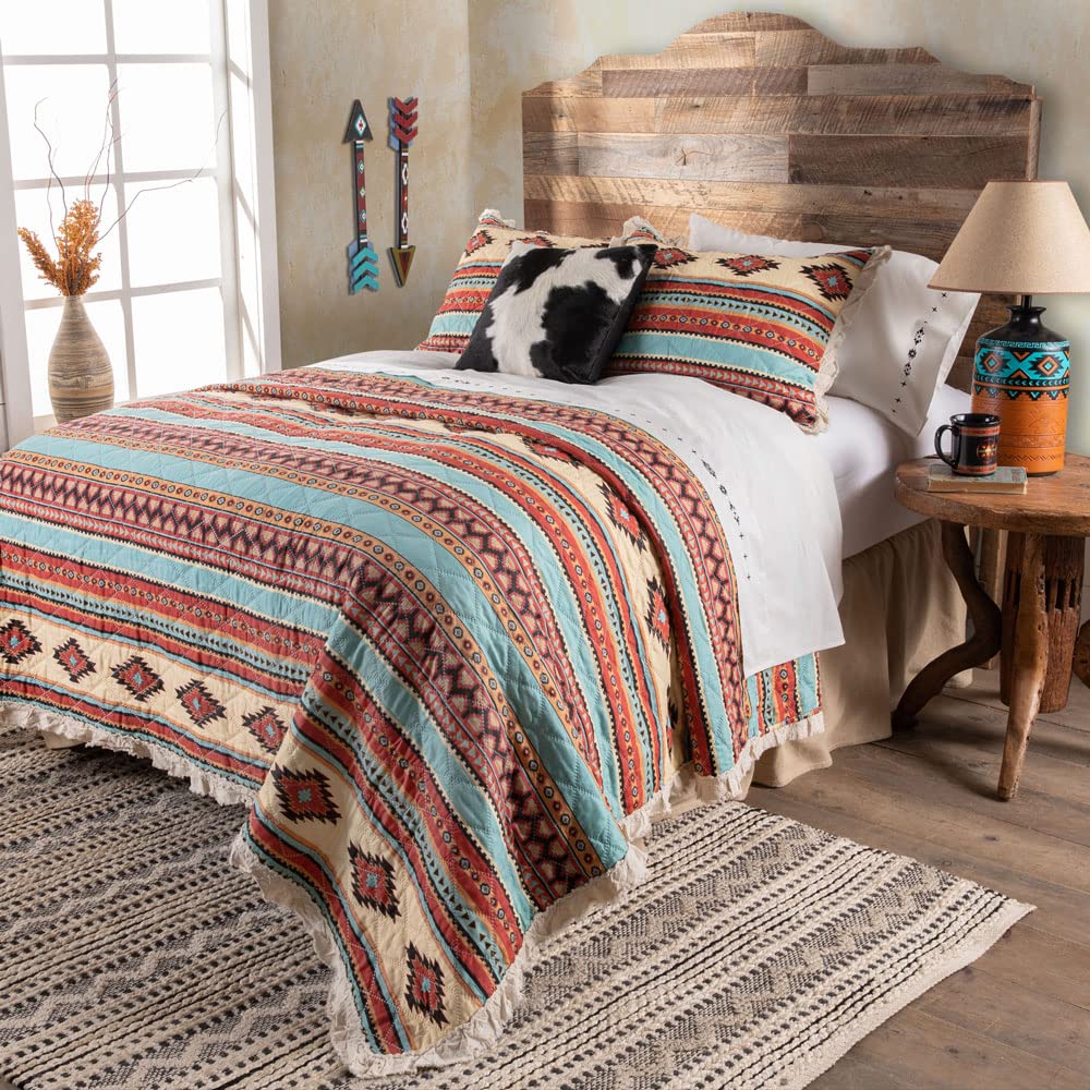 Rod's Red Rock (Quilt Set) Ruffle Southwest Aztec Diamond - Red Turquoise Tan Black Rust - 3 Piece King Bedding Set - (1) King (105x95in) and (2) King Shams (20x36in)