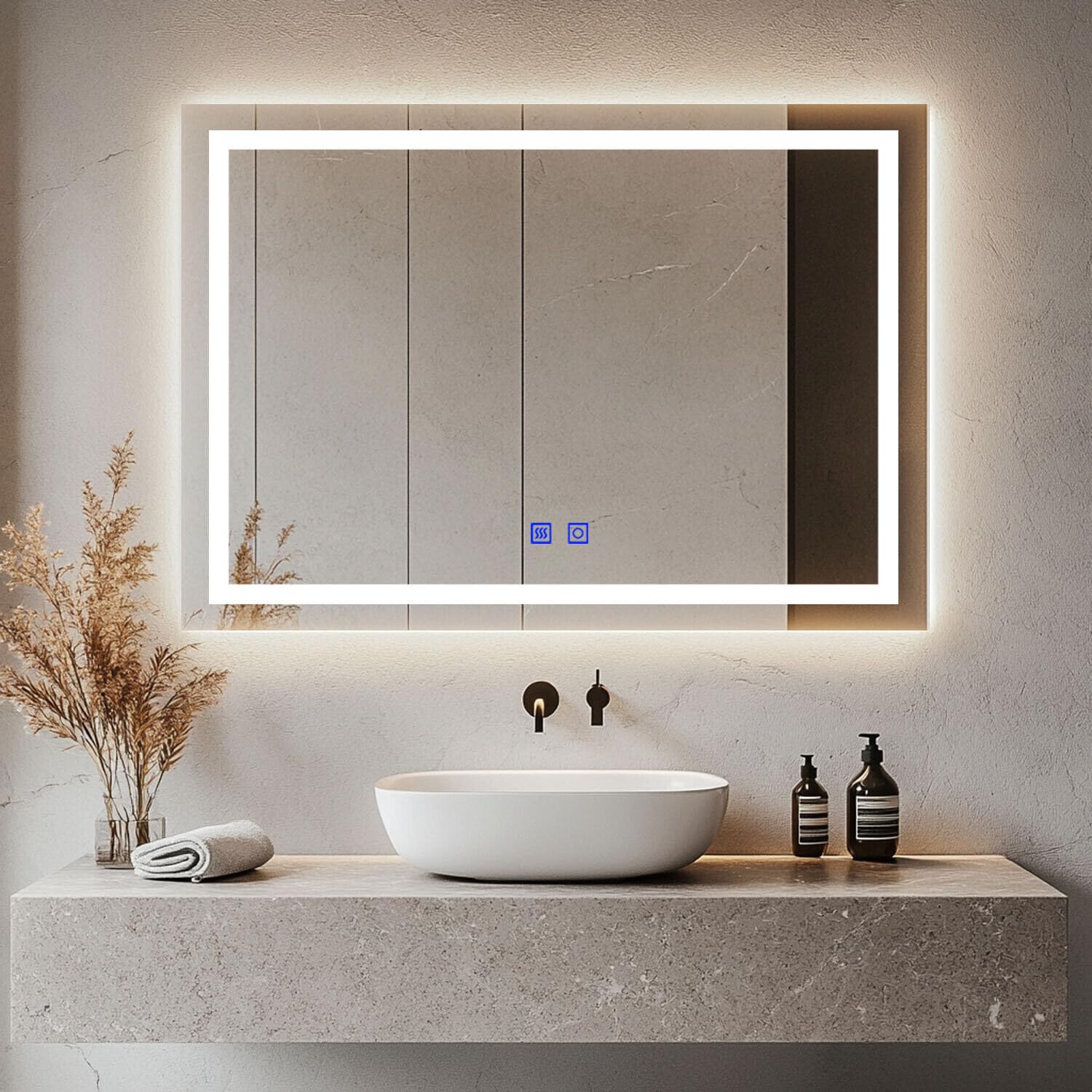 Kasloglow Espejo de baño con luces LED de 800 x 600 mm, 3 colores, intensidad regulable, antivaho con iluminación táctil, espejo de tocador montado en la pared (31.5 x 23.62 pulgadas)