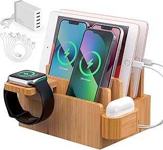 Bamboo Charging Station for Multiple Devices (Included 5 Port USB Charger, 6 Pack Charge & Sync Cable, Watch&Earbuds Stand), Electronic Device Desktop Organizer for Cellphone, Tablet, Watch, Earbuds