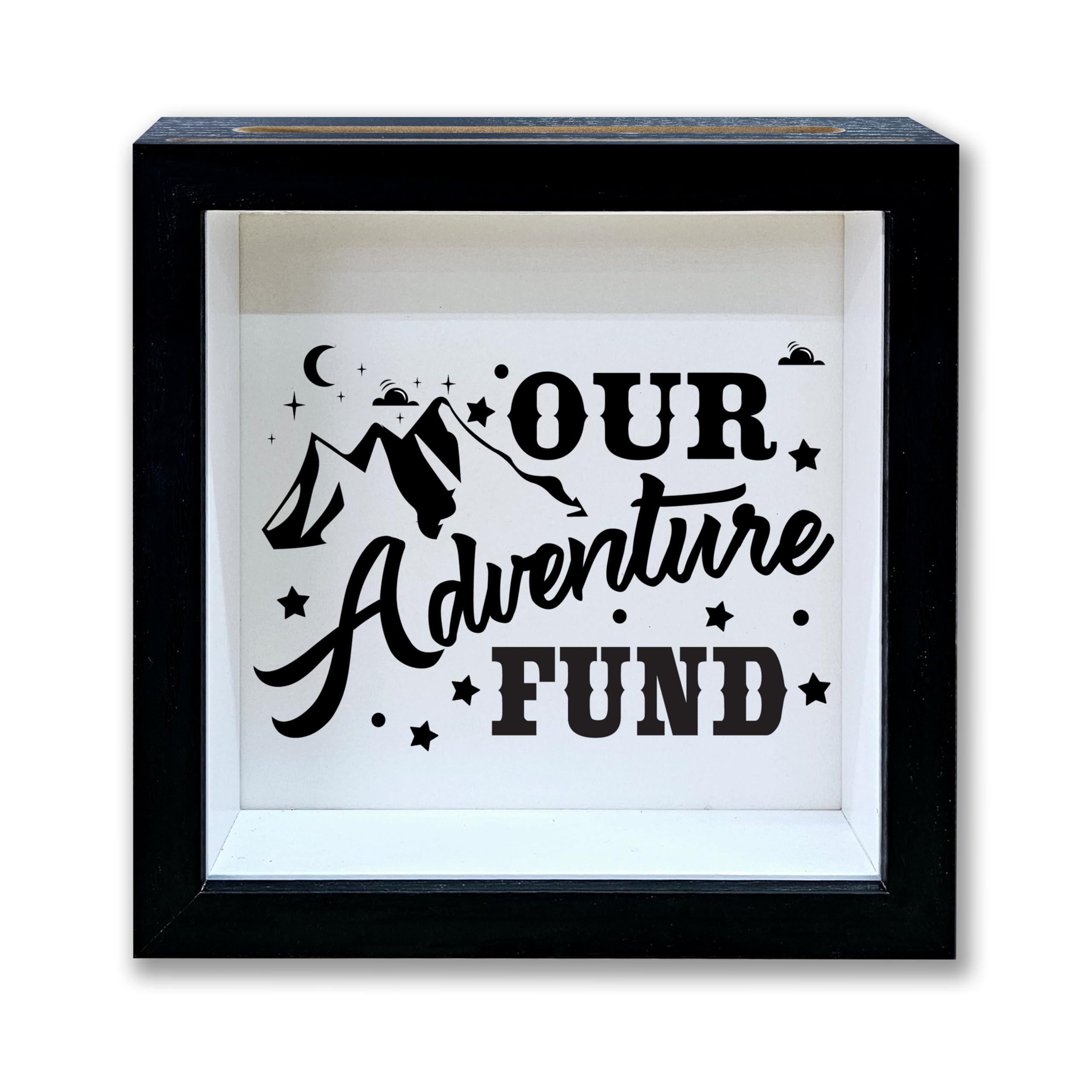 Adventure Fund Black Shadow Box Frame, Honeymoon Fund Box with Slot, Mountain Themed Travel Memory Box, Adventure Archive Box Gifts, Decorative Wooden Money Savings, Wedding Gifts for Newlyweds -03
