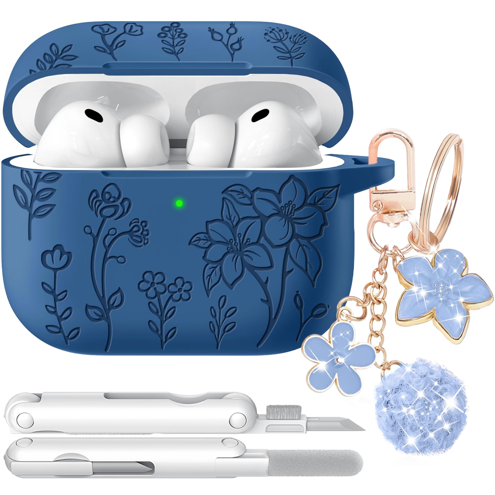 for Airpods Pro 3 Case, Flower Engraved Case Cover Compatible with AirPods Pro 3rd Generation 2025, Soft Silicone Cases with Cute Keychain &amp; Cleaner for Women Girly, Shockproof