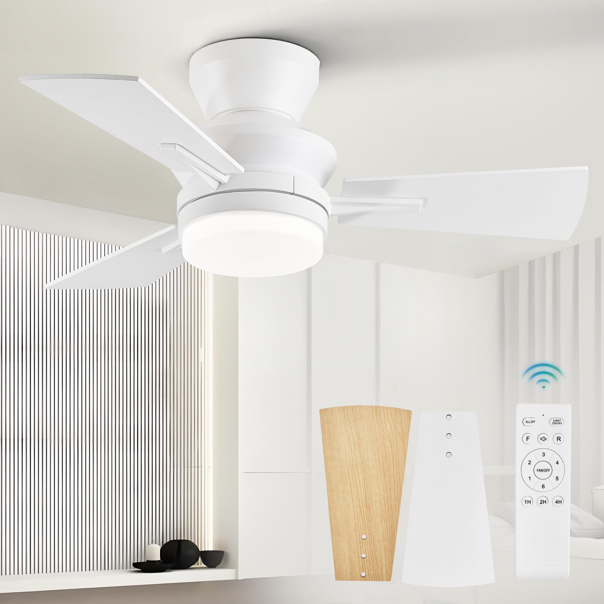 LEDIARY 30 Inch Small Ceiling Fan with Lights and Remote Control, 3CCT LED Ceiling Fan, Reversible DC Motor, White/Oak Finish Blades, 18W 1800LM
