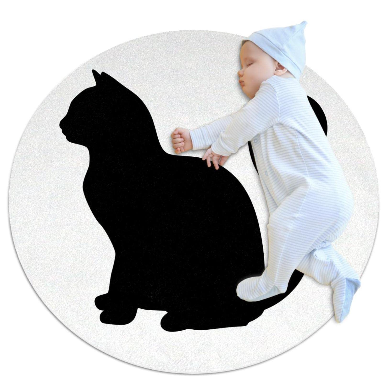 Alfombra redonda para niños lavable y antideslizante con estampado de gato negro de 80cm