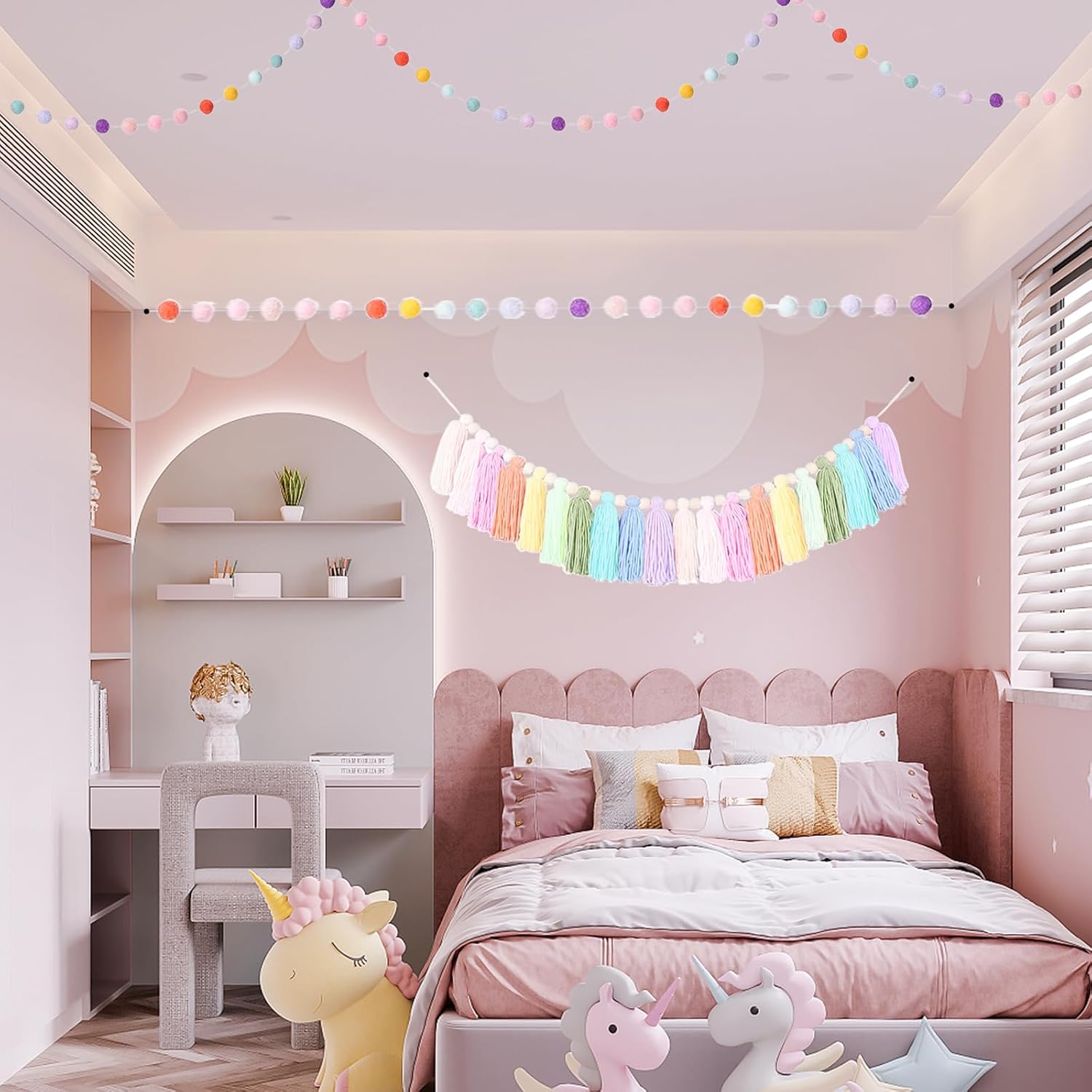 2 PCS Rainbow Boho Tassel Garland, 6.5 Feet Pom Pom Tassel 20 Felt Balls, Colorful Wall Hanging Banner Pastel Fabric Decor for Classroom,Party,Nursery,Wedding,Birthday Party & Home Decoration
