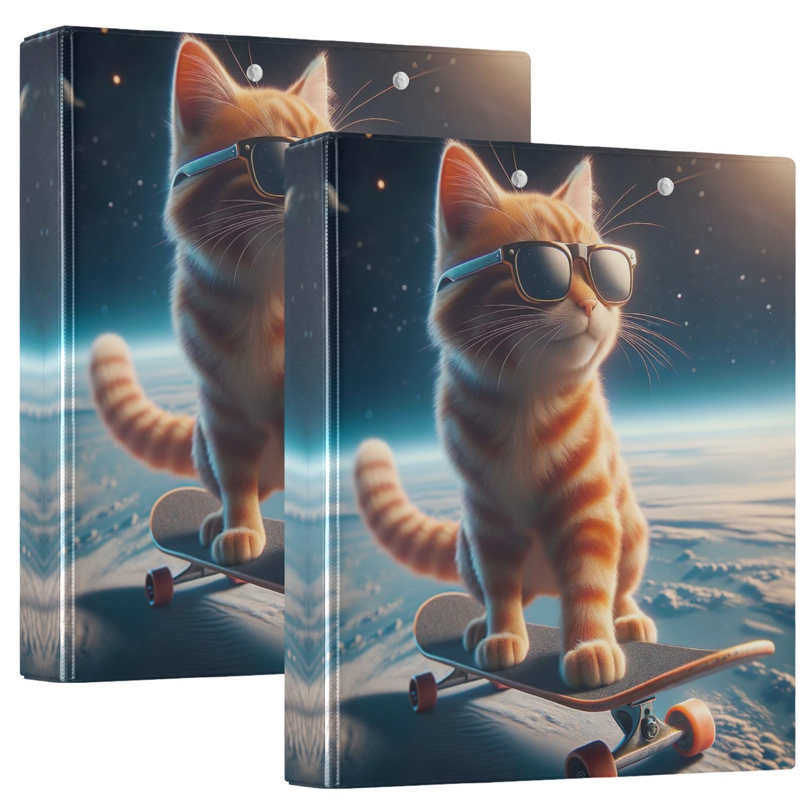 Cool Space Cat - Raccoglitore a 3 anelli da 3,8 cm, resistente, con 3 tasche interne, decorativo, per materiale scolastico, confezione da 2