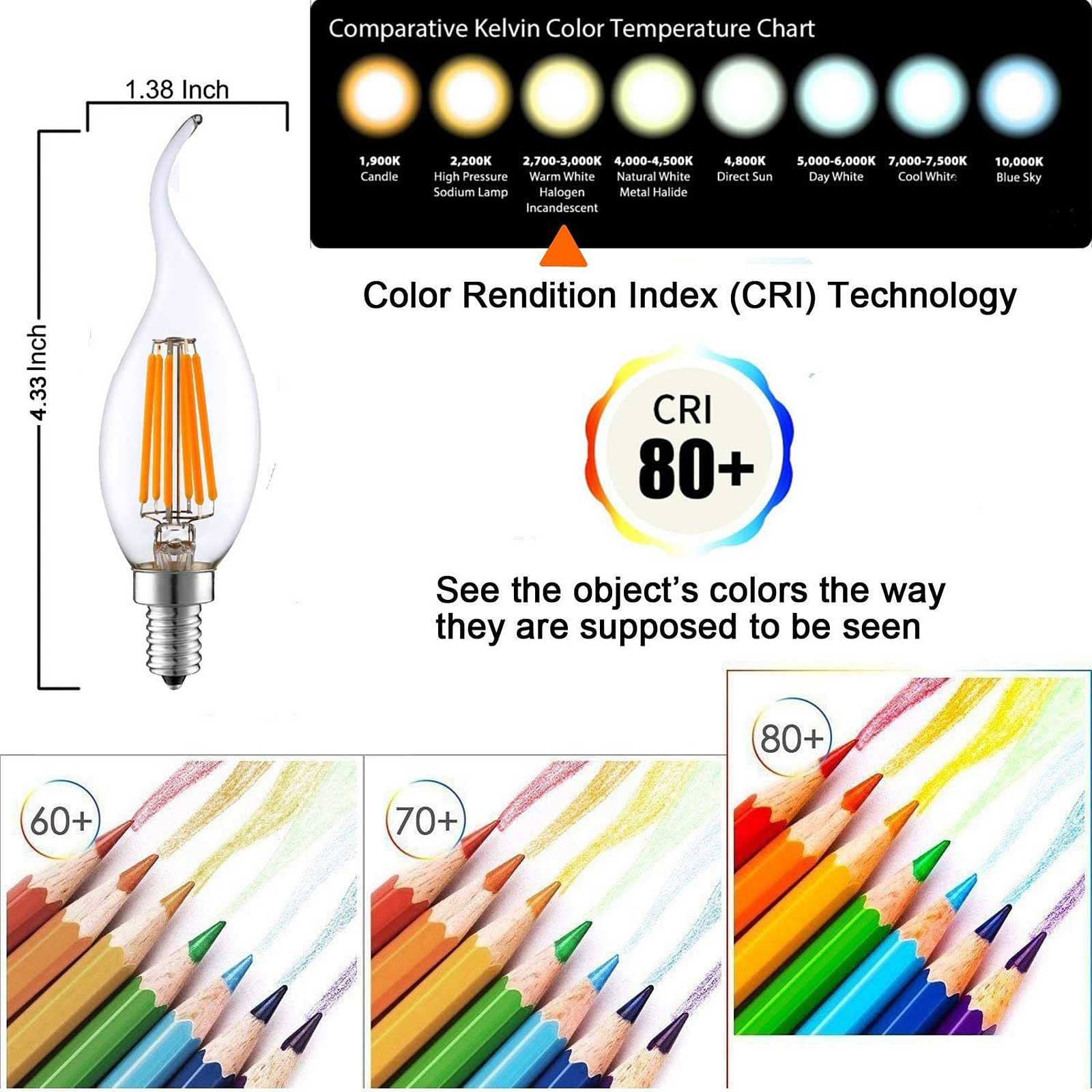 E12 Bombilla LED para candelabro 6 W regulable, equivalente a 60 W bombillas LED 2700 K blanco cálido 600 lúmenes punta de llama bombilla de araña de filamento LED base de candelabro E12 paquete de 10
