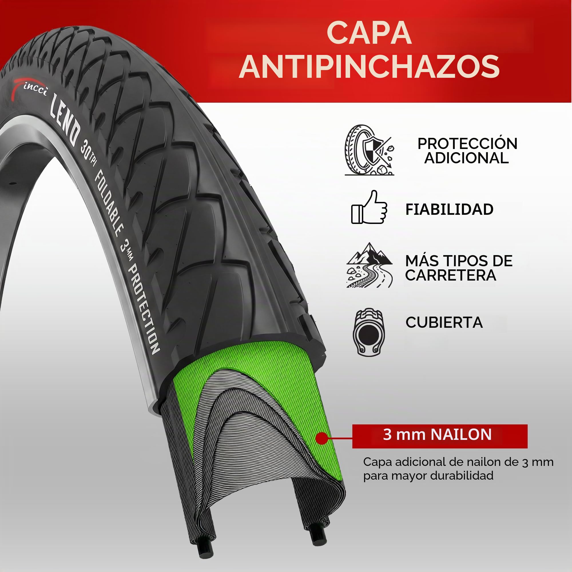 Fincci Cubierta MTB 26x1.95 ETRTO 50-559 Antipinchazos 3 mm para Bici MTB | Neumático MTB 26x1.95, ETRTO 50-559 y Protección Antipinchazos 3 mm - Para Carretera, Montaña MTB y Bicicleta Híbrida