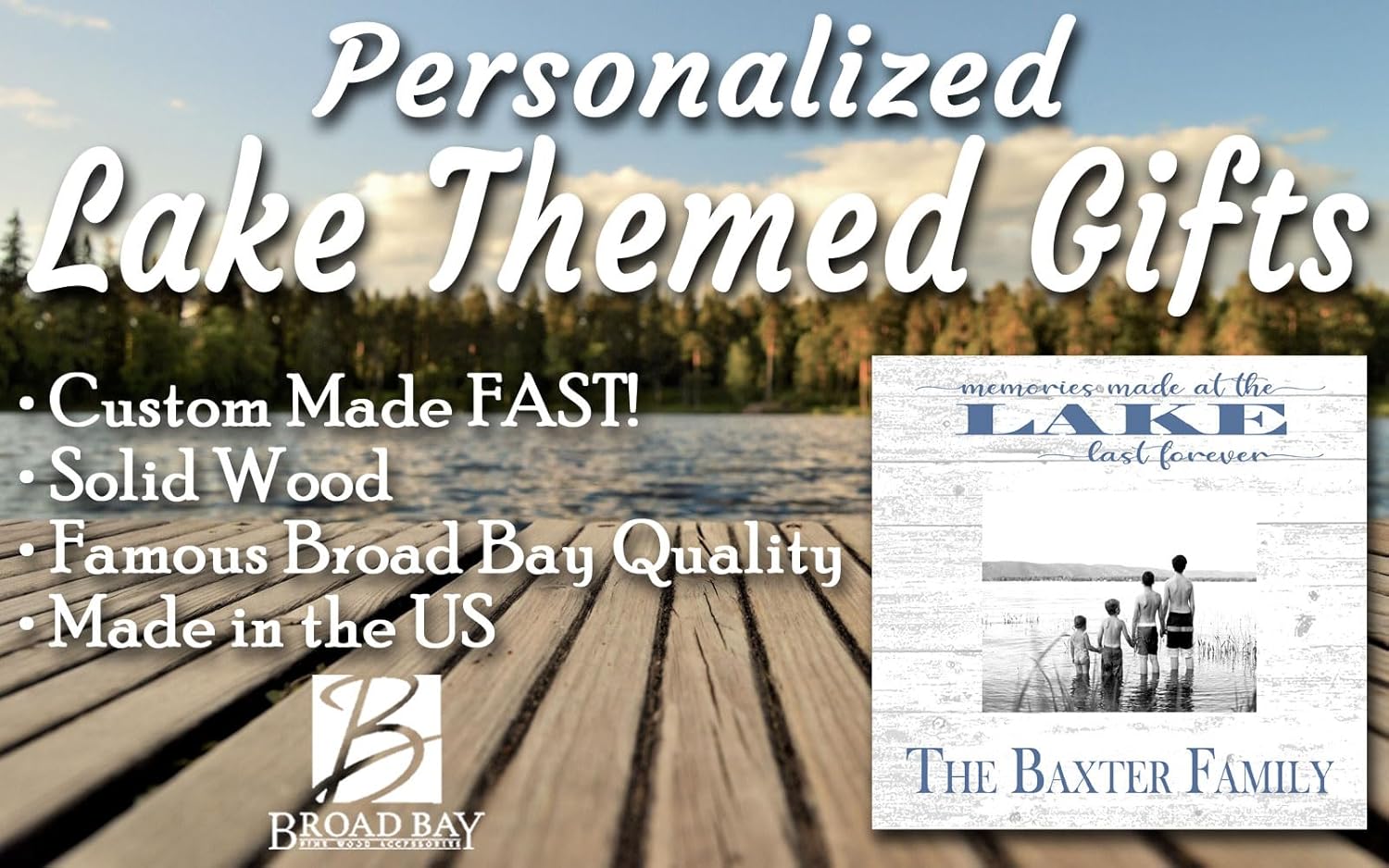 Broad Bay Custom Lake Theme Picture Frame - Upload Your Picture or Photo - Lake House or Lake Vacation Home Decor Custom Printed Frames Solid Wood (Lake Memories Last Forever)