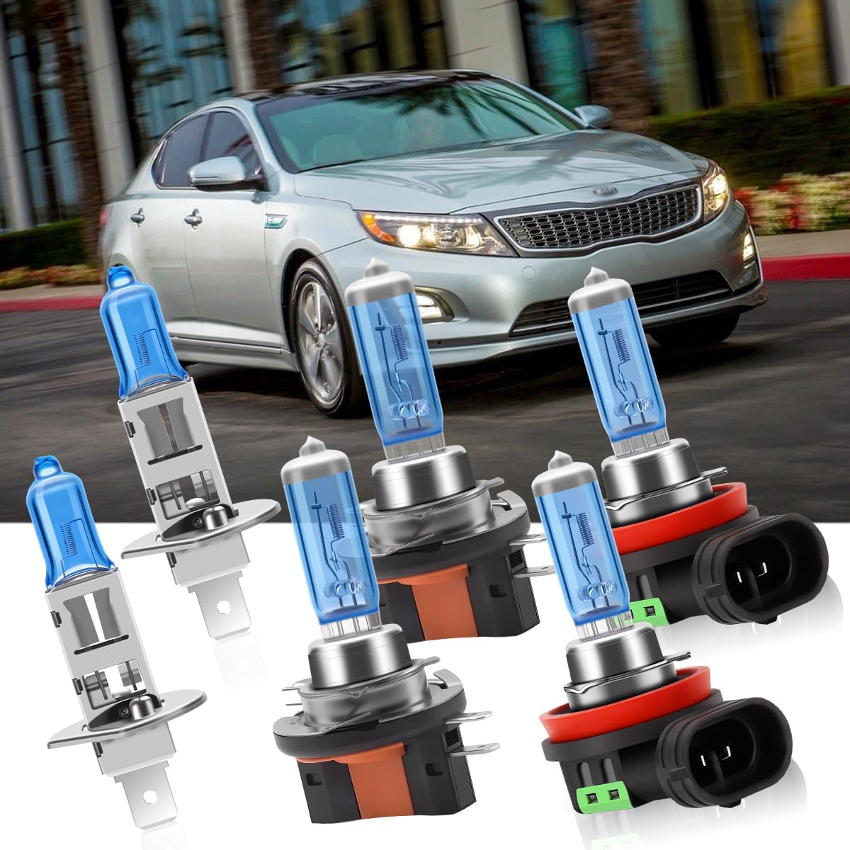 Fit For Kia Optima 2011-2013 Headlight Bulbs, H1 High Beam and H11B Low Beam and H11 Fog light Halogen Bulbs 300% Brightness 6000K High Performance Halogen Bulbs Combo 6PCS