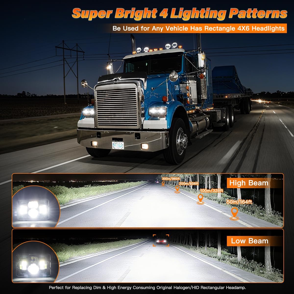 4x6 In H6545 LED Headlights DOT Approved 4PCS White High Low Beam Rectangle H4668 H4656 H4651 H4652 H4666 H4642 Headlight for Chevrolet Ford Probe Kenworth T800 W900 Peterbilt Oldsmobile