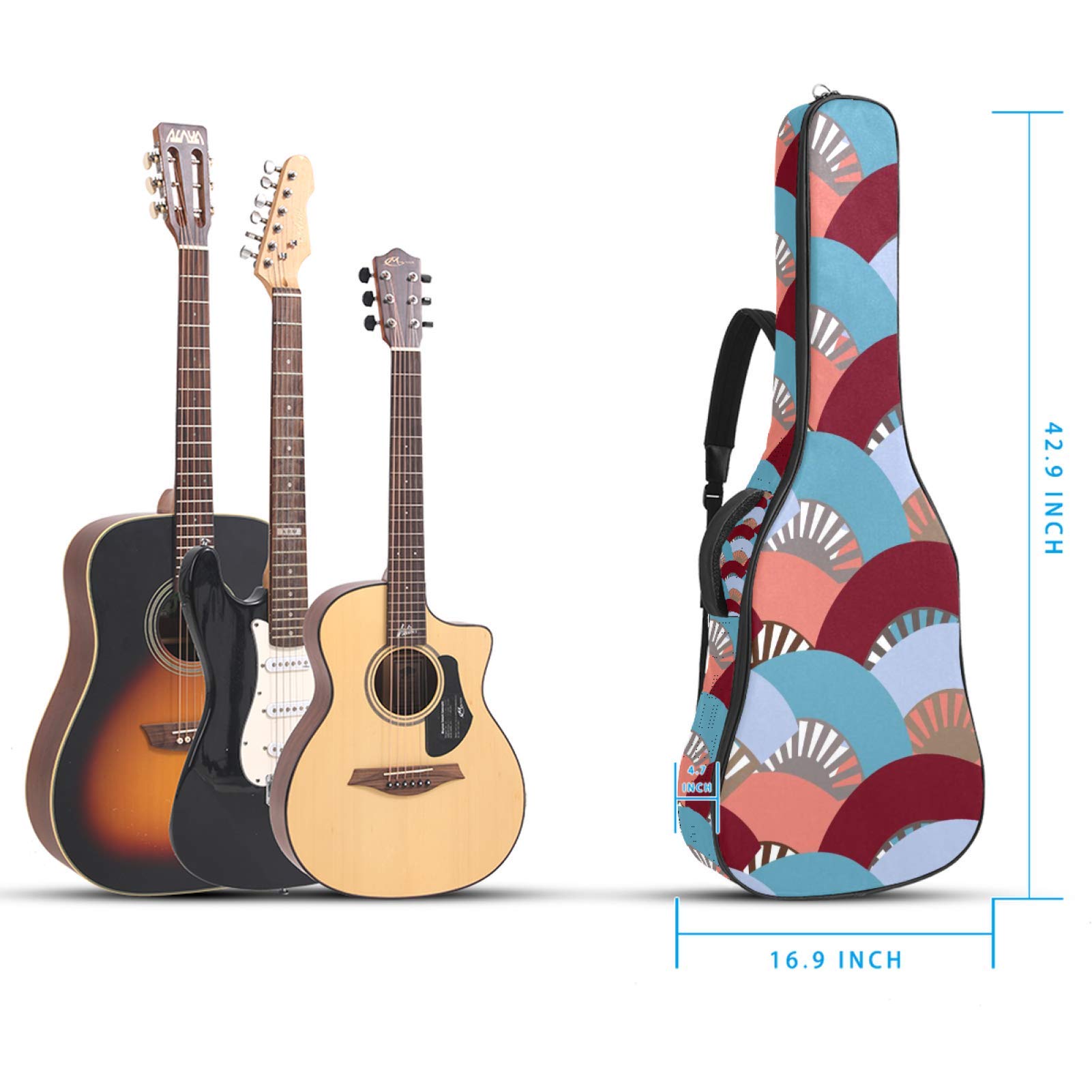 Bolsa de guitarra impermeable con cremallera, suave para guitarra, bajo, acústico y clásico, para guitarra eléctrica, diseño colorido de abanicos españoles