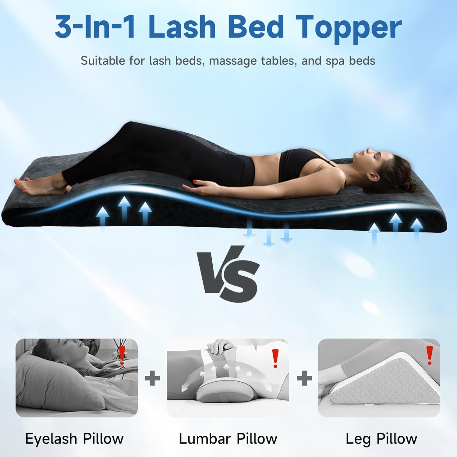 Curved Lash Bed Topper High Density Foam Curved Massage Mattress Non-Slip Lash Bed Cushion Velvet Ergonomic Lash Table Pad with Removable Cover for Beauty Salon 23.6in/70in, Black