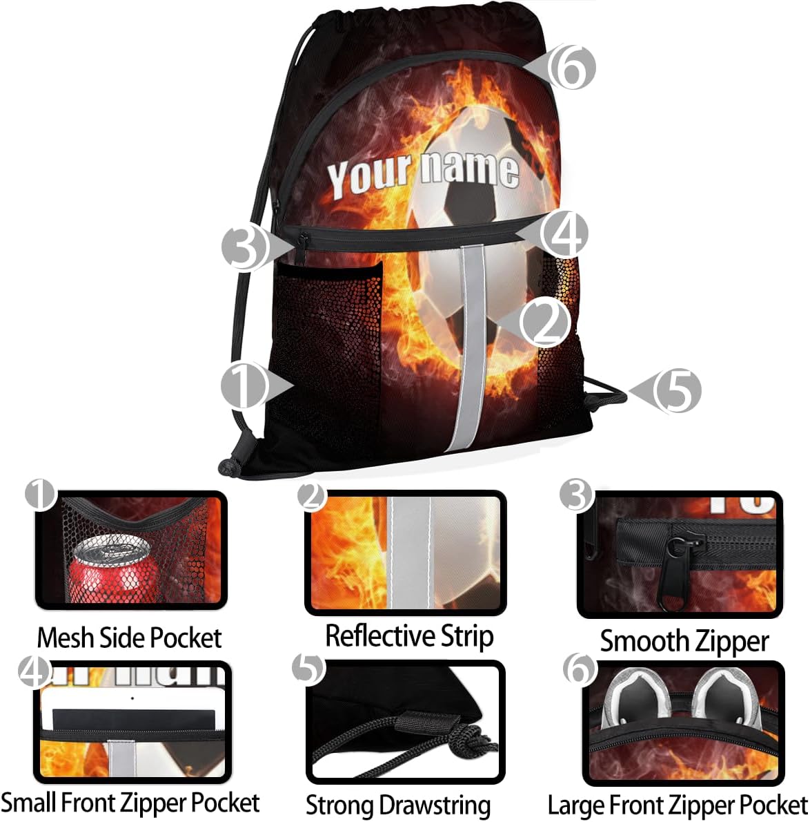 Personalized Drawstring Backpack 3D Fire Soccer String Backpack Lightweight Cinch Sacks Backpack with Shoe Compartment Men Women Custom Gift Bag for Camping Beach Swim Yoga