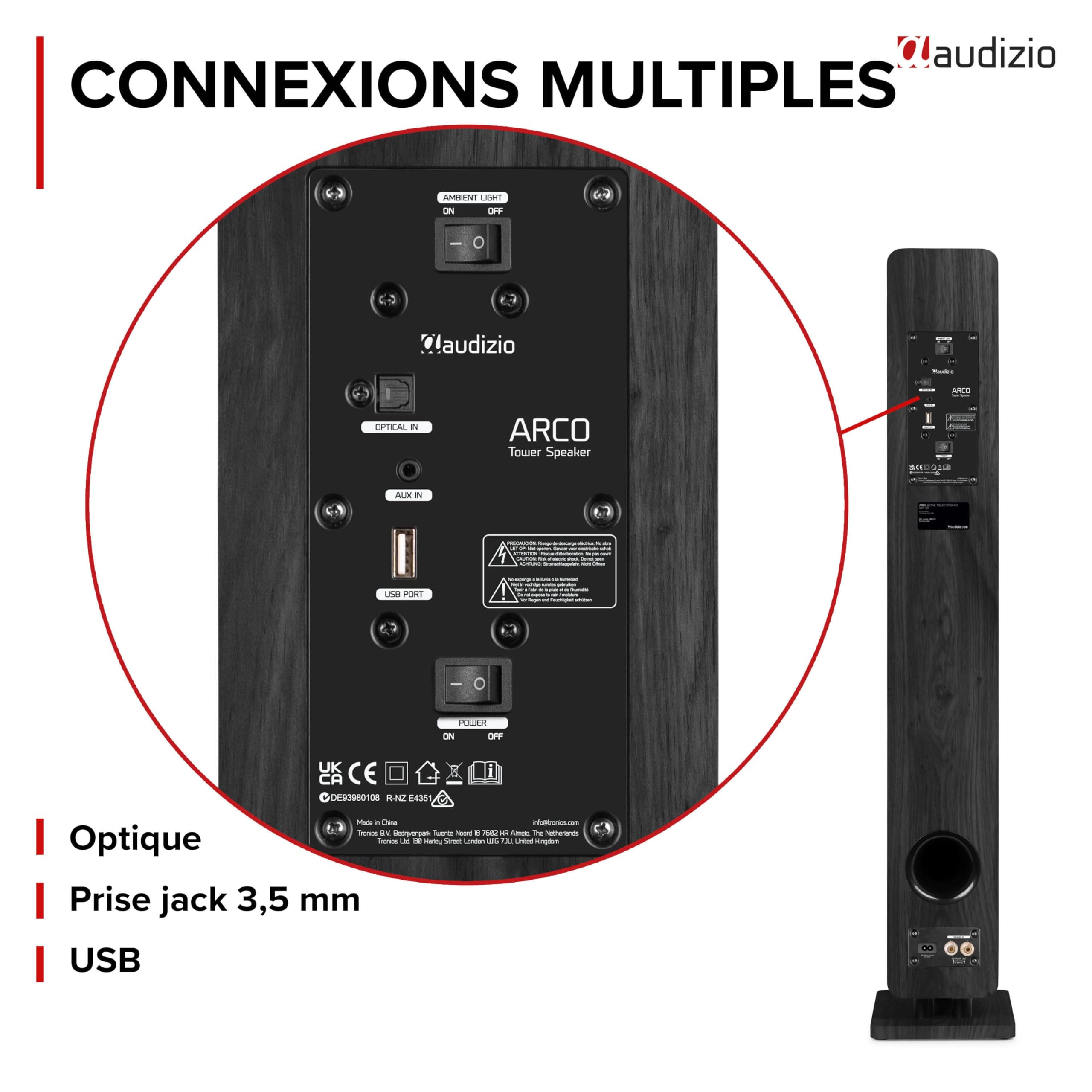 Audizio ARCO Tour de Son Hi-FI Stéréo 320W Noire - Pack Enceintes Colonnes Active + Passive avec BT, USB et Optique Tour de Son Design pour Salon, TV et Musique
