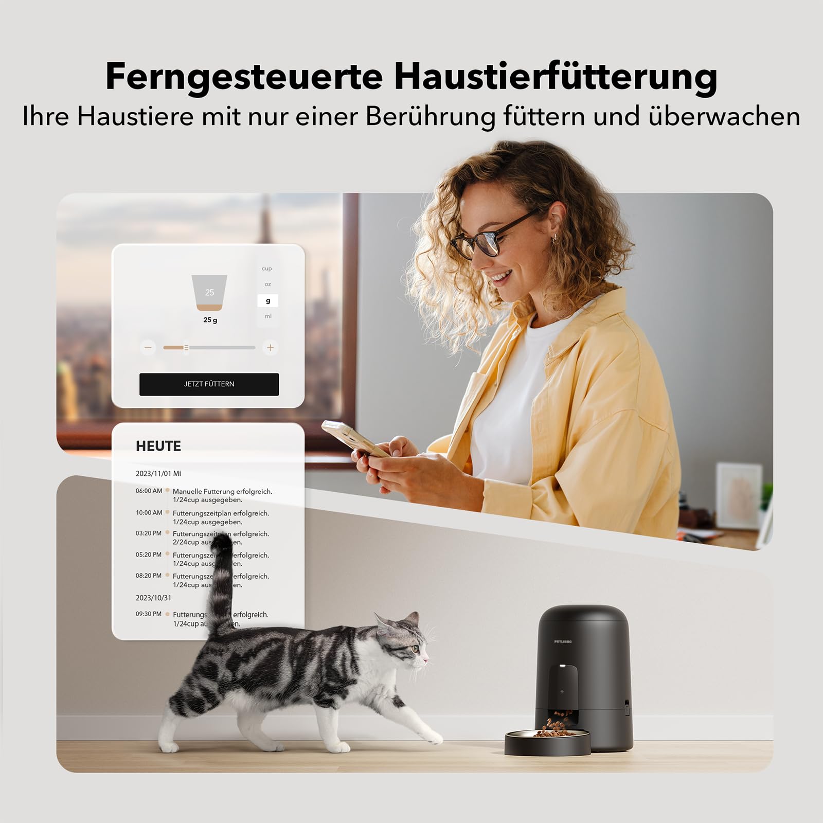 PETLIBRO Futterautomat Katze, Katzenfutter Automat Kabellos 2,4G WiFi Intelligenter Futterspender Katze, Wiederaufladbarer Akku mit 30 Tagen Batterielebensdauer, mit Edelstahlnapf, APP-Steuerung
