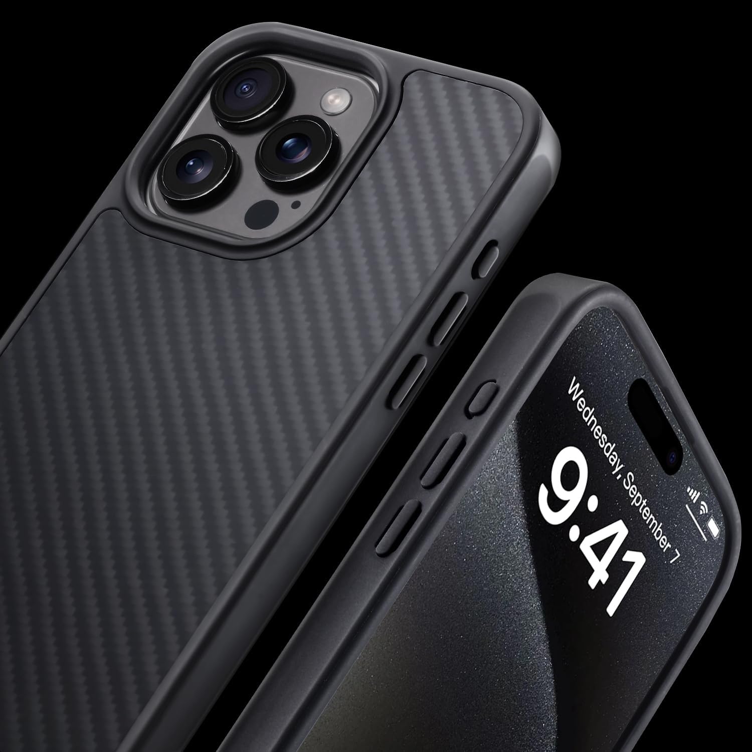 Carbon Fiber for iPhone 15 Pro Case Compatible with MagSafe, Shockproof Case, Aramid Fiber with Military-Grade Drop Cover, Supports Wireless Charging, Black/Grey(Twill)
