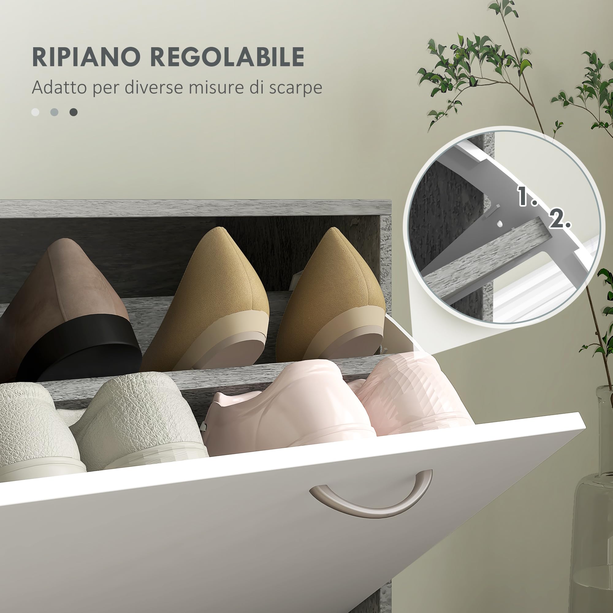 HOMCOM Set Mobili Ingresso Moderno con Scarpiera e Specchio, Appendiabiti da Ingresso con 6 Ganci, 2 Ripiani Regolabili e Cassetti in Legno per Corridoio, Bianco e Grigio Chiaro