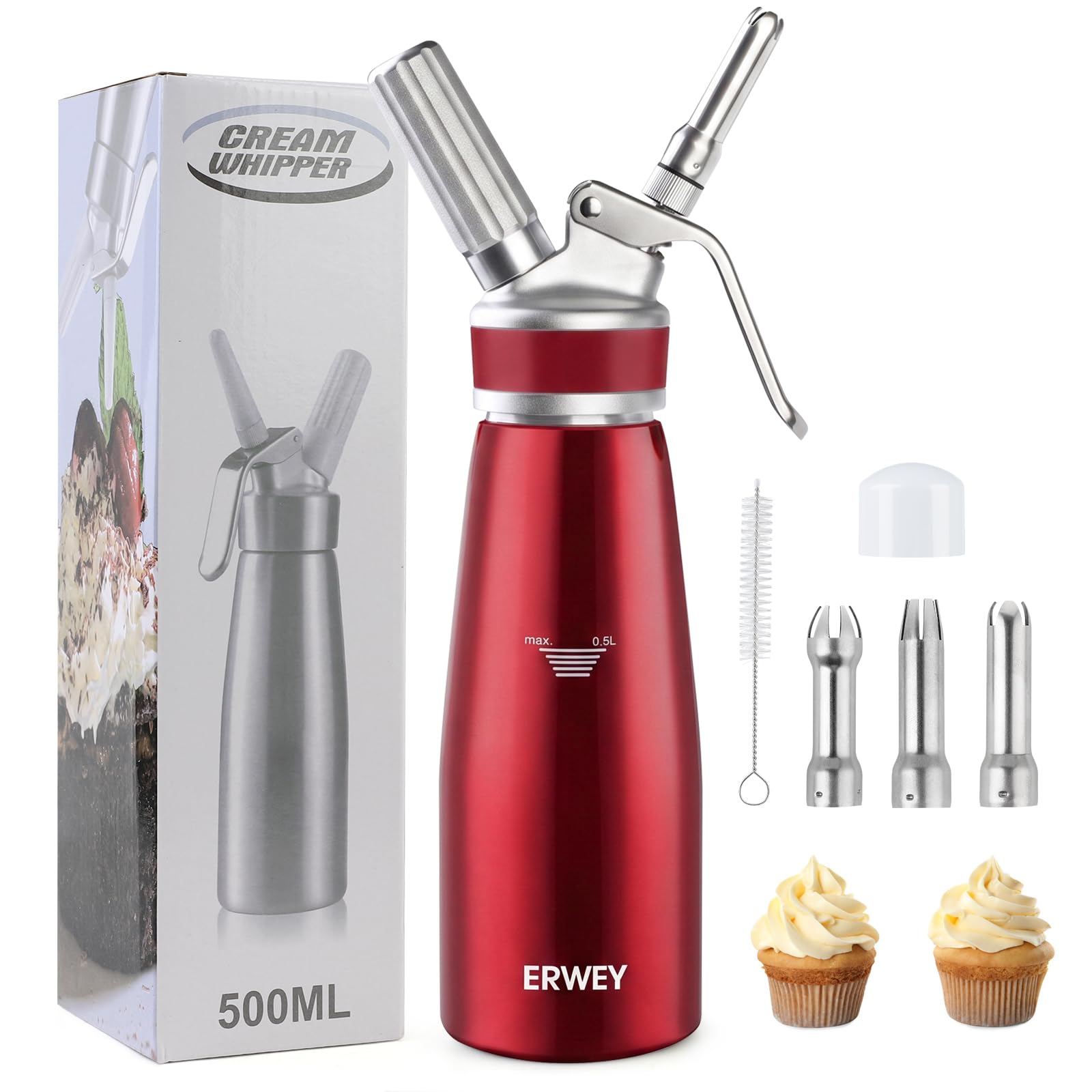 ERWEY Sifone Chantilly da 500 ml, Sifone per Chantilly in alluminio, sifoni da cucina con 3 boccole e 1 spazzola di pulizia, sifone di Chantilly per decorazione di pasticceria e dolci, rosso