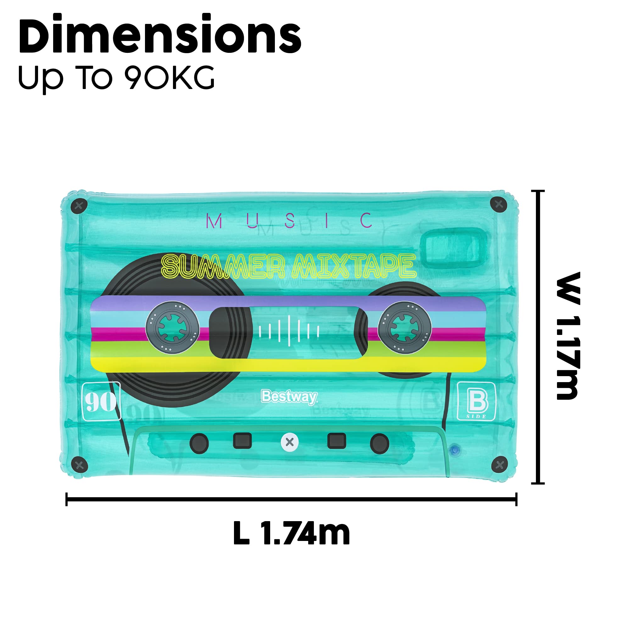 Bestway Cassette Tape Pool Float, Inflatable Lounger, Swimming Pool and Beach Toy, Turquoise, 174 x 117 cm - Image 3