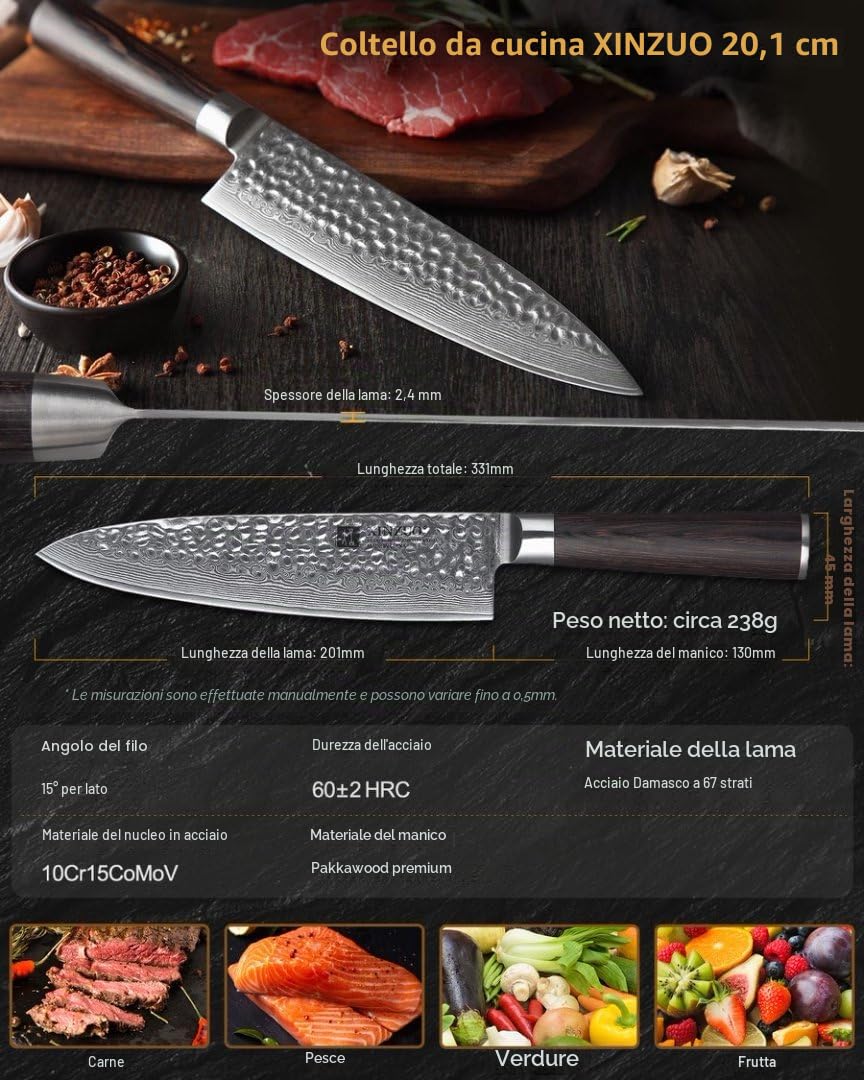 XINZUO 20.1cm Coltello da Cuoco Acciaio Damasco, Coltello da chef Professionale Forgiato a Mano Coltello da Cucina con Ergonomico Manico in Legno di Pakka- He Serie
